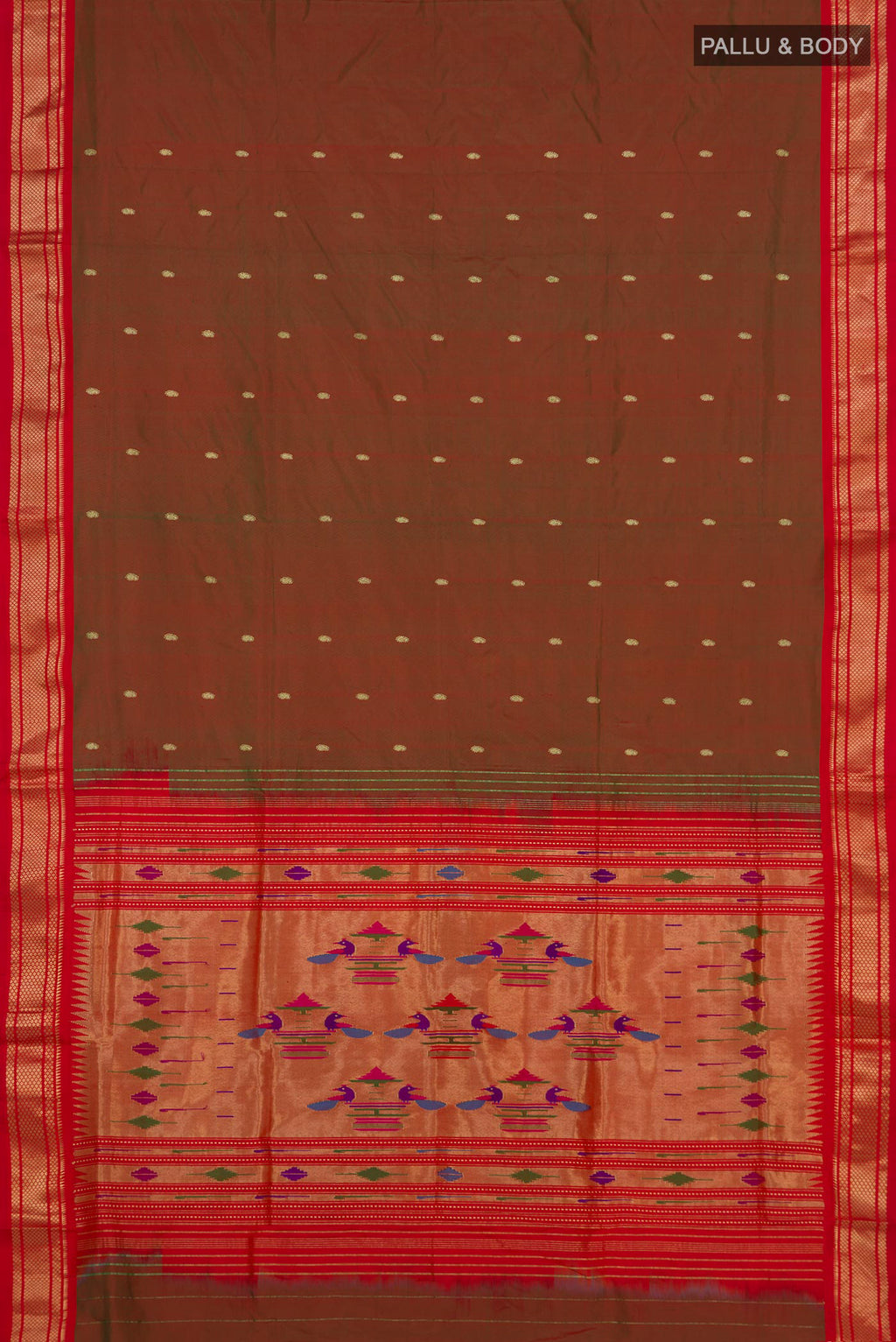 Flat view of Pure Silk Green with Red Color Paithani Saree with Zari Butta on the body and Zari Border. 