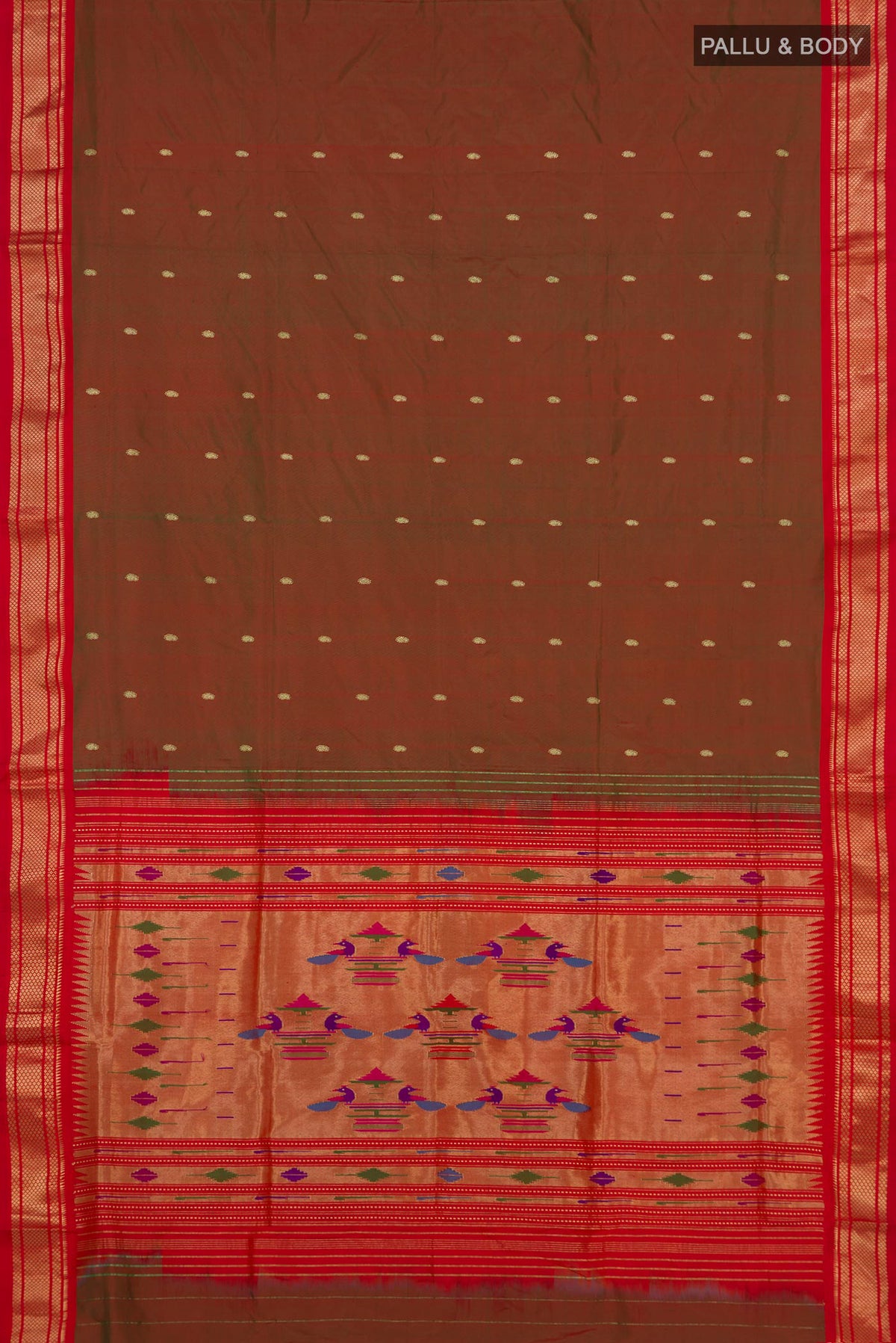 Flat view of Pure Silk Green with Red Color Paithani Saree with Zari Butta on the body and Zari Border. 