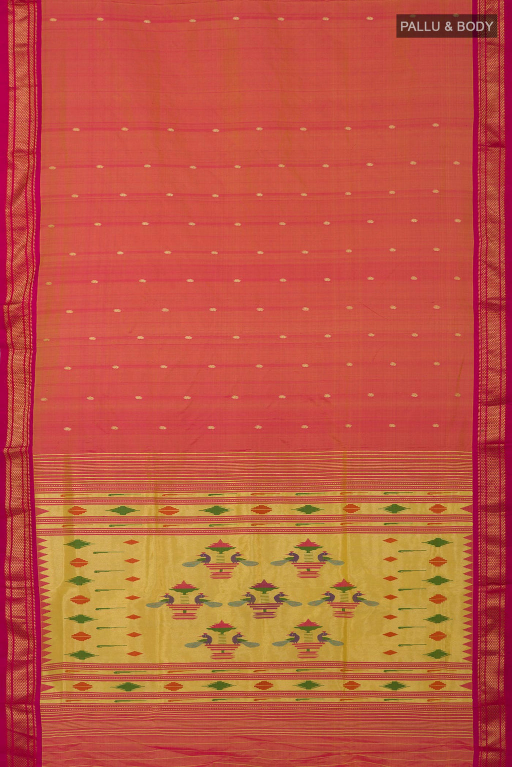 Flat view of Pink Paithani Silk Saree with Zari Butta on the body and Zari Border. 
