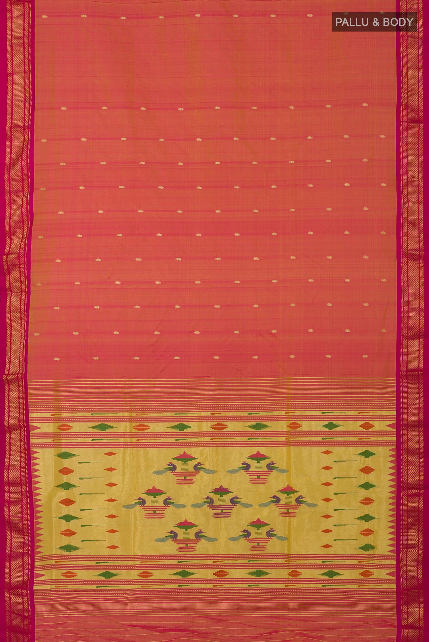 Flat view of Pink Paithani Silk Saree with Zari Butta on the body and Zari Border. 
