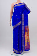 Royal Blue Paithani Silk Saree with Zari Butta on the body and Zari Border.  displayed on a mannequin