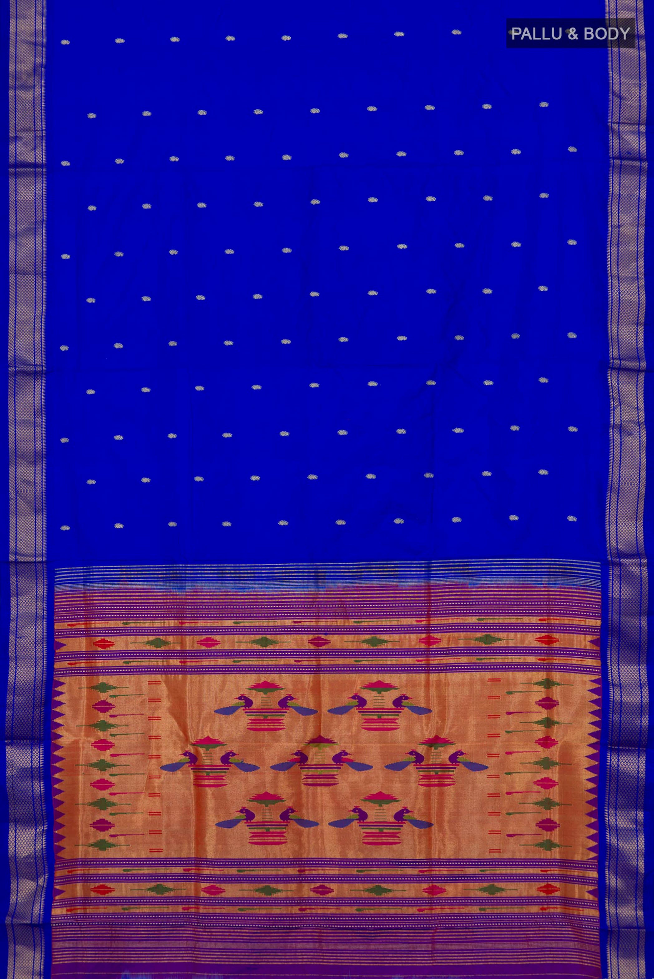 Flat view of Royal Blue Paithani Silk Saree with Zari Butta on the body and Zari Border. 