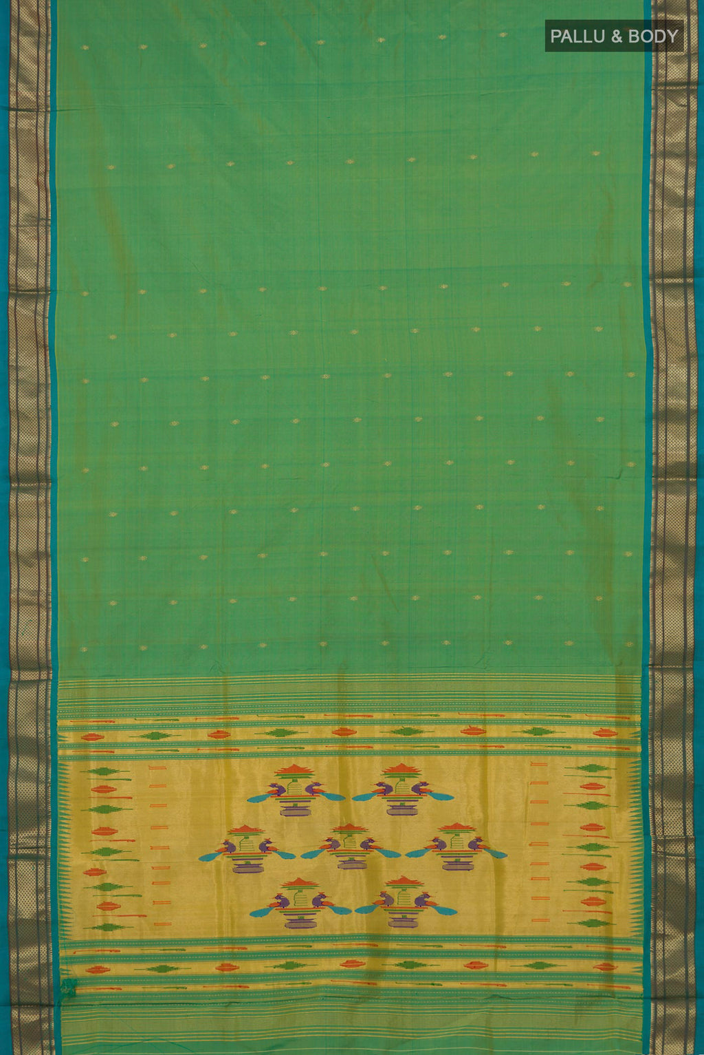 Flat view of Pure Silk Green Paithani Saree with Zari Butta on the body and Zari Border. 
