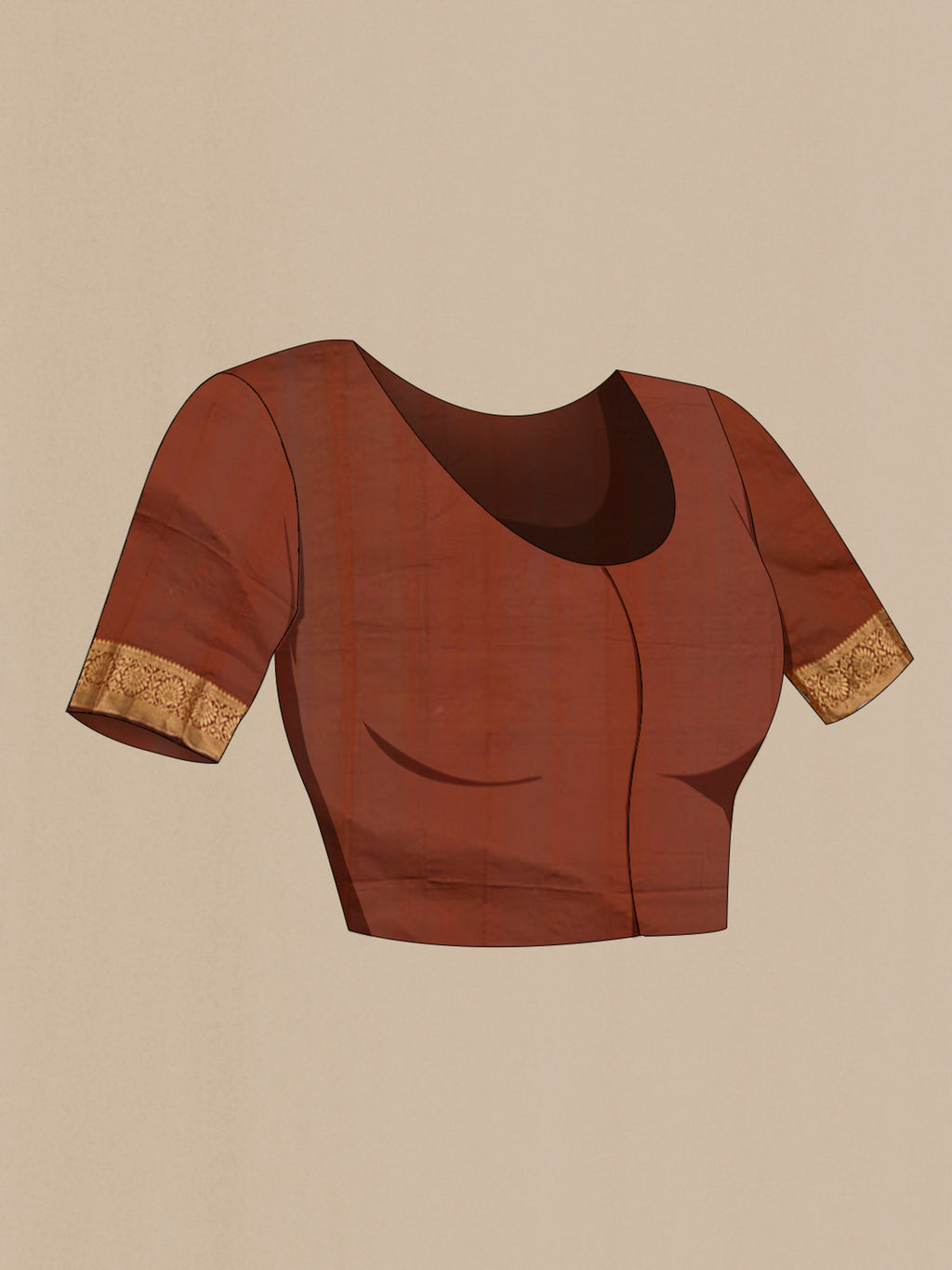 Close up image of the blouse of Rust Bangalore Silk Saree with Jacquard With Zari Butta on the body and Zari Border. 