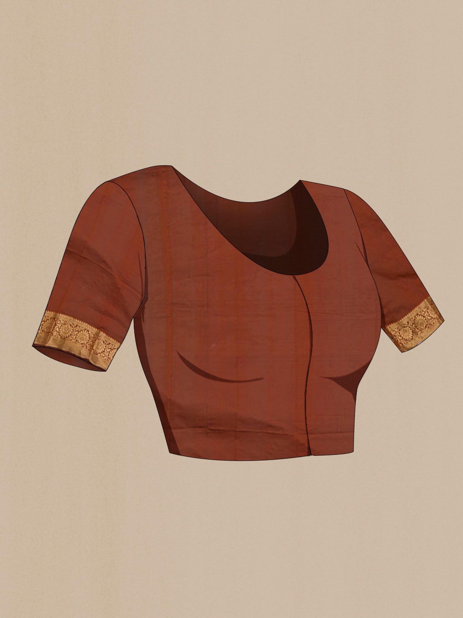 Close up image of the blouse of Rust Bangalore Silk Saree with Jacquard With Zari Butta on the body and Zari Border. 