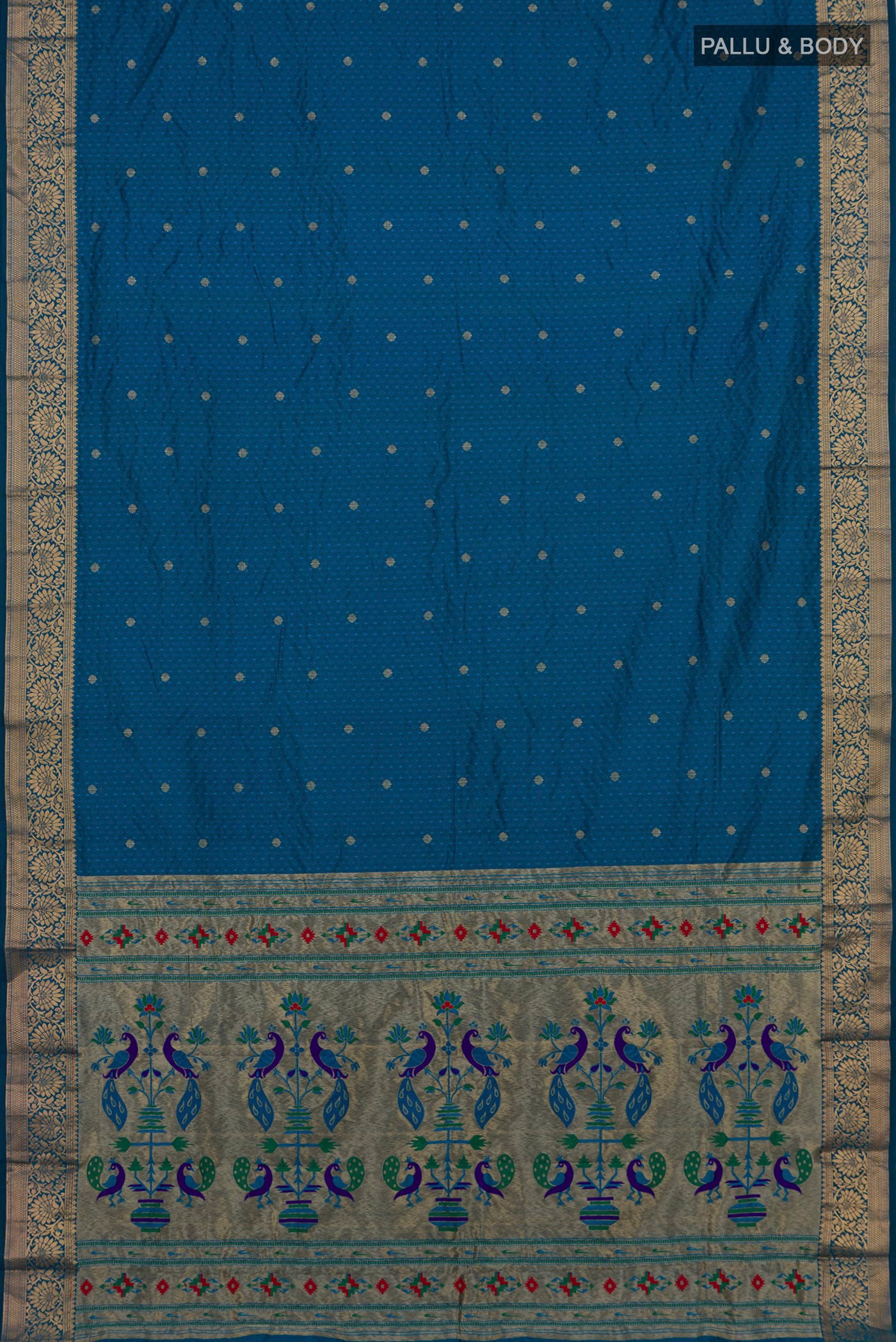 Flat view of Blue Bangalore Silk Saree with Jacquard With Zari Butta on the body and Zari Border. 