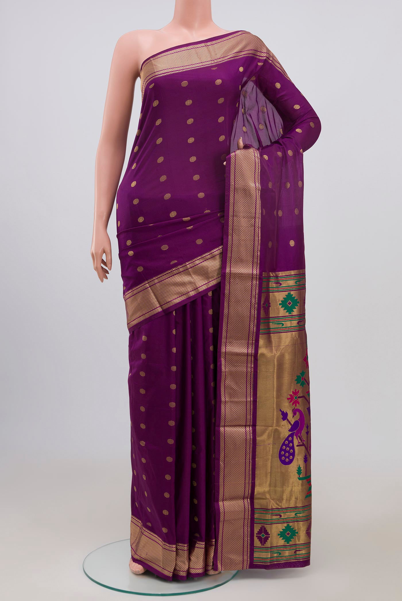 Purple Bangalore Silk Saree with Zari Butta on the body and Zari Border.  displayed on a mannequin