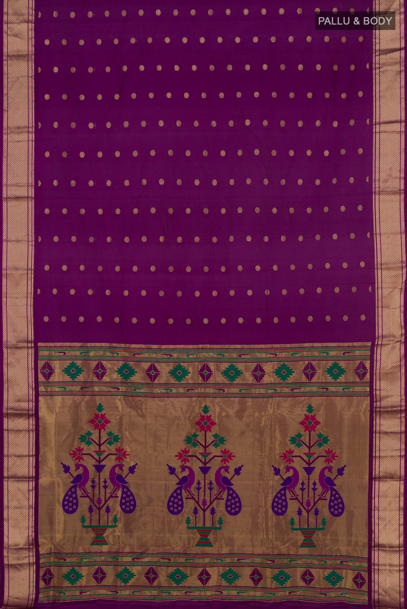Flat view of Purple Bangalore Silk Saree with Zari Butta on the body and Zari Border. 