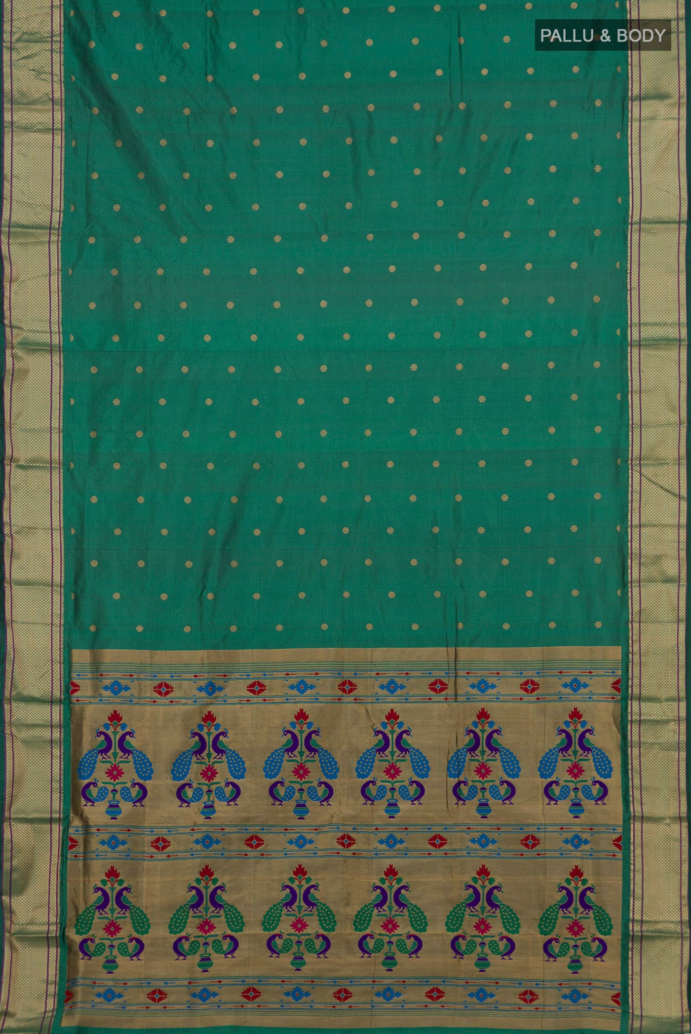 Flat view of Green Bangalore Silk Saree with Zari Butta on the body and Zari Border. 