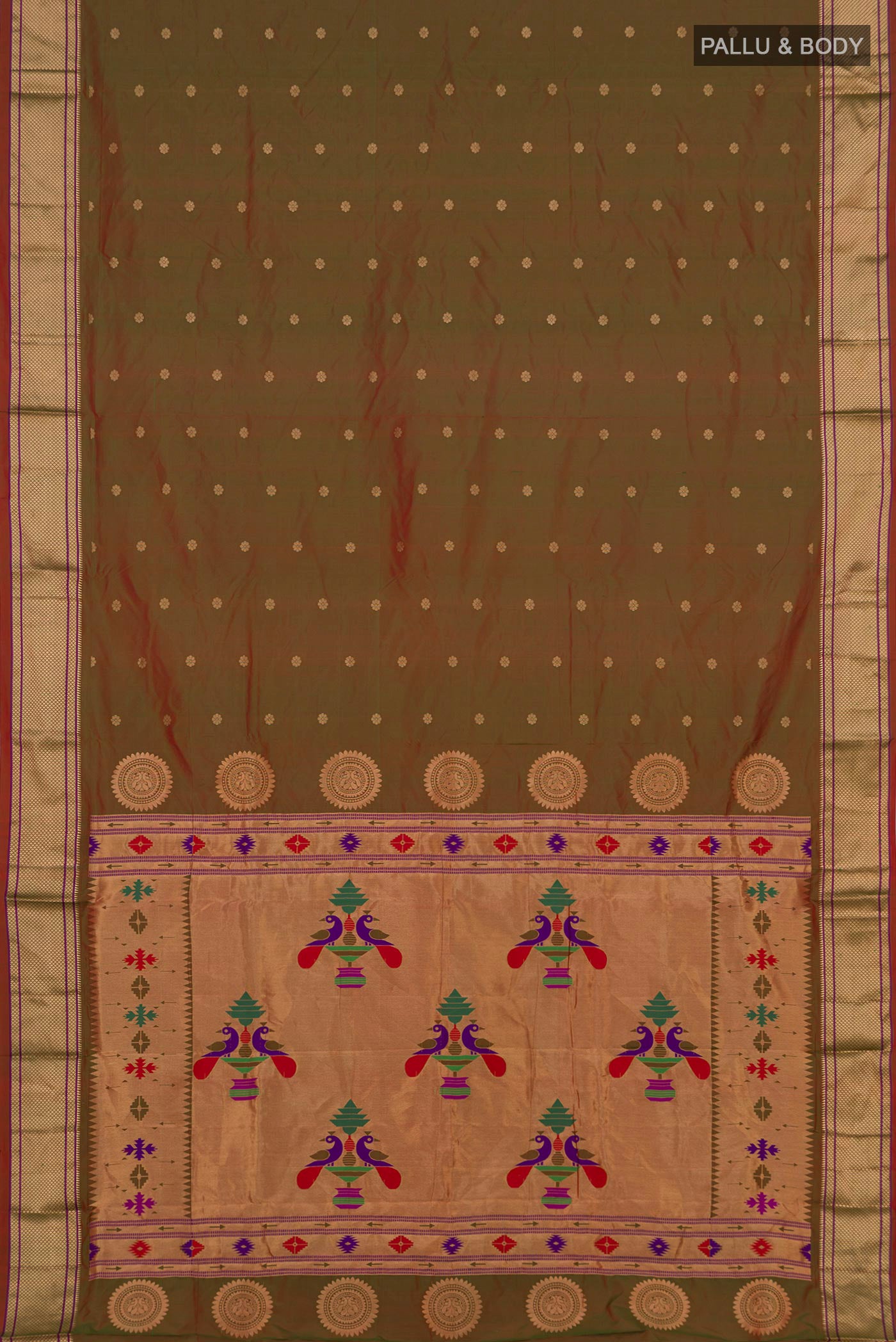 Flat view of Green Bangalore Silk Saree with Zari Butta on the body and Zari Border. 