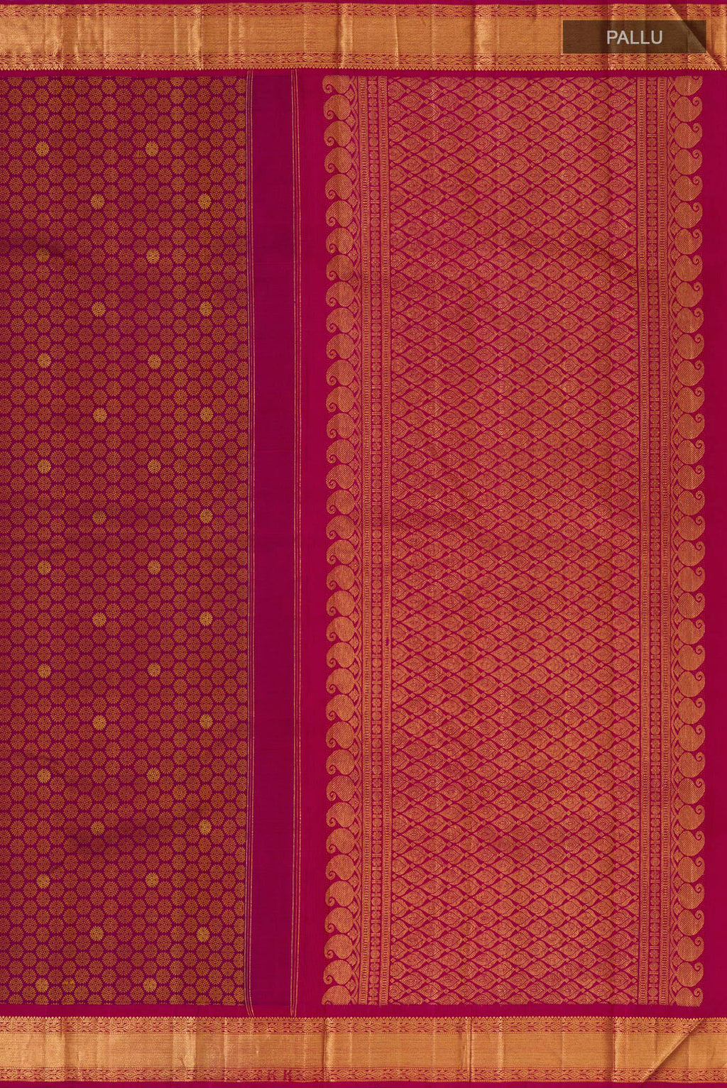Close up image of the pallu of Pure Silk Pure Zari Magenta Kanjivaram Saree with Jacquard With Zari Butta on the body and Zari Border. 