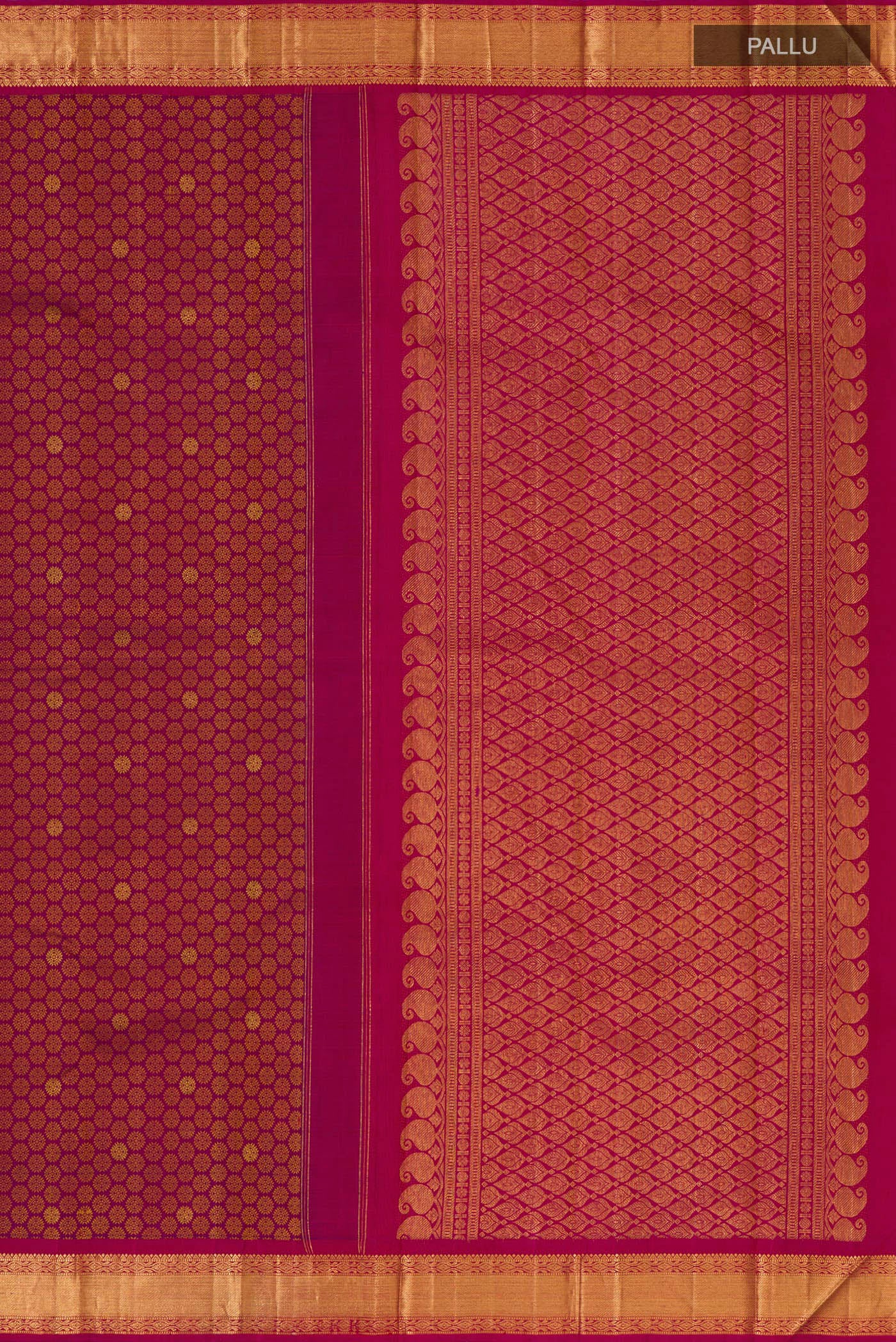 Close up image of the pallu of Pure Silk Pure Zari Magenta Kanjivaram Saree with Jacquard With Zari Butta on the body and Zari Border. 