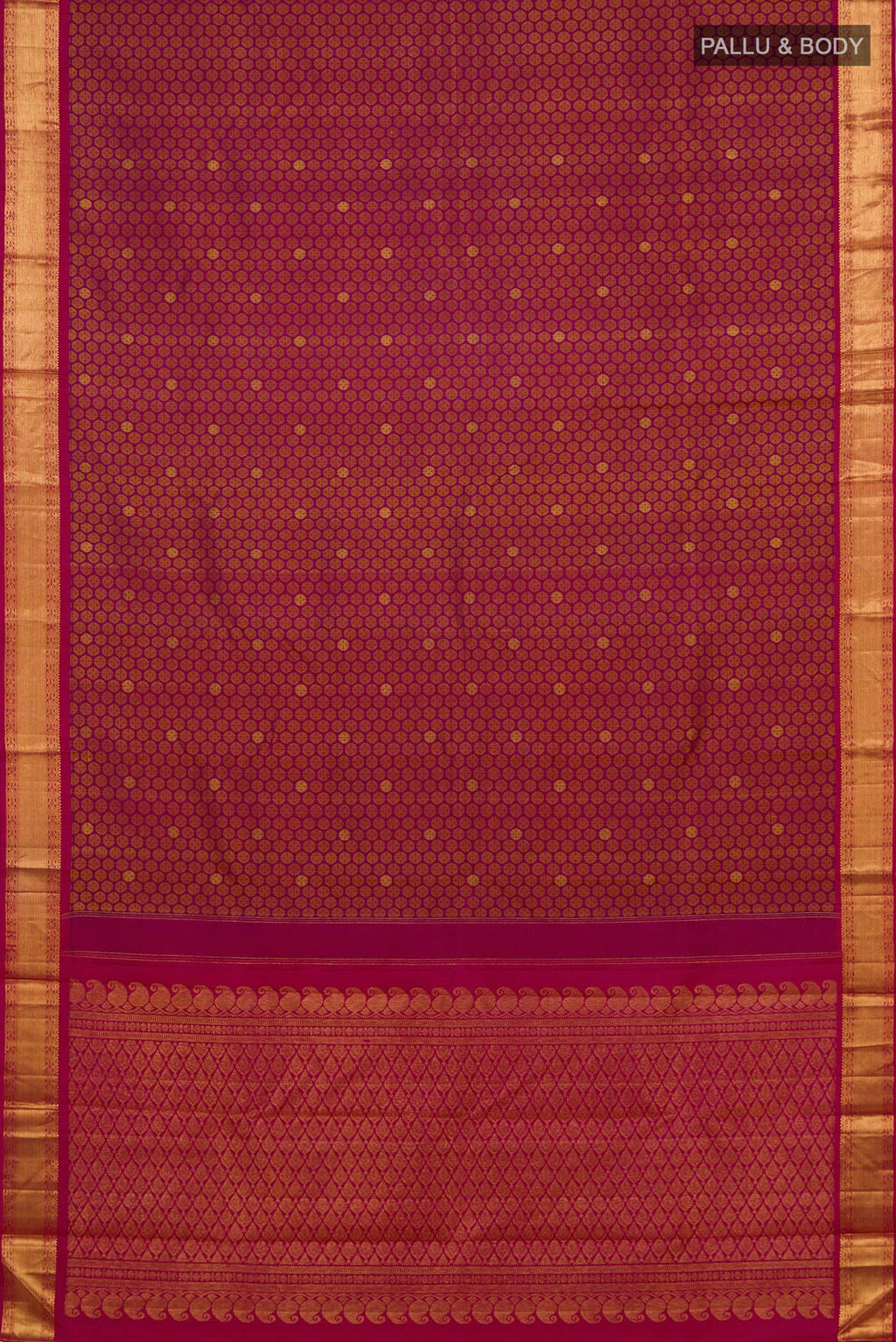 Flat view of Pure Silk Pure Zari Magenta Kanjivaram Saree with Jacquard With Zari Butta on the body and Zari Border. 