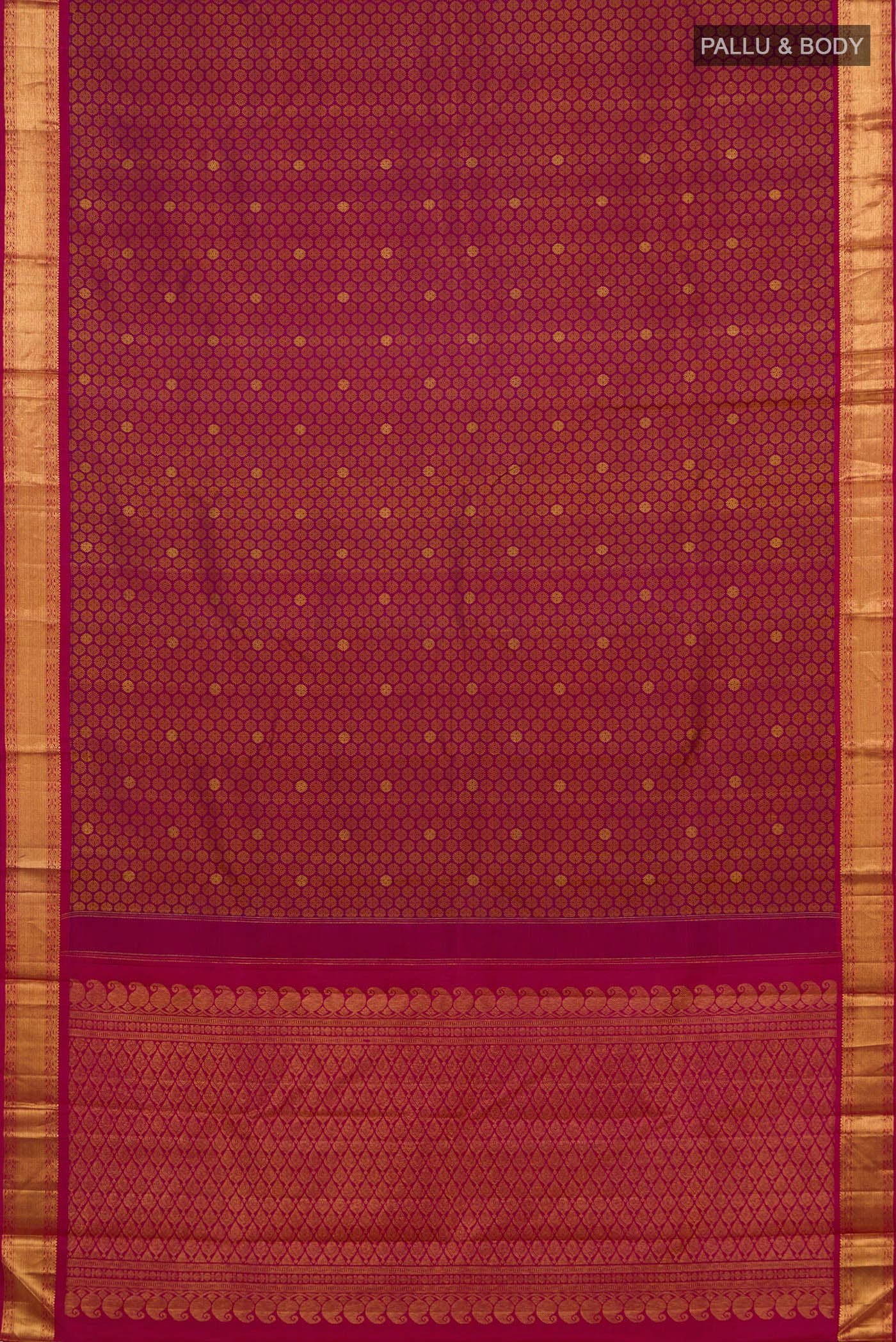 Flat view of Pure Silk Pure Zari Magenta Kanjivaram Saree with Jacquard With Zari Butta on the body and Zari Border. 