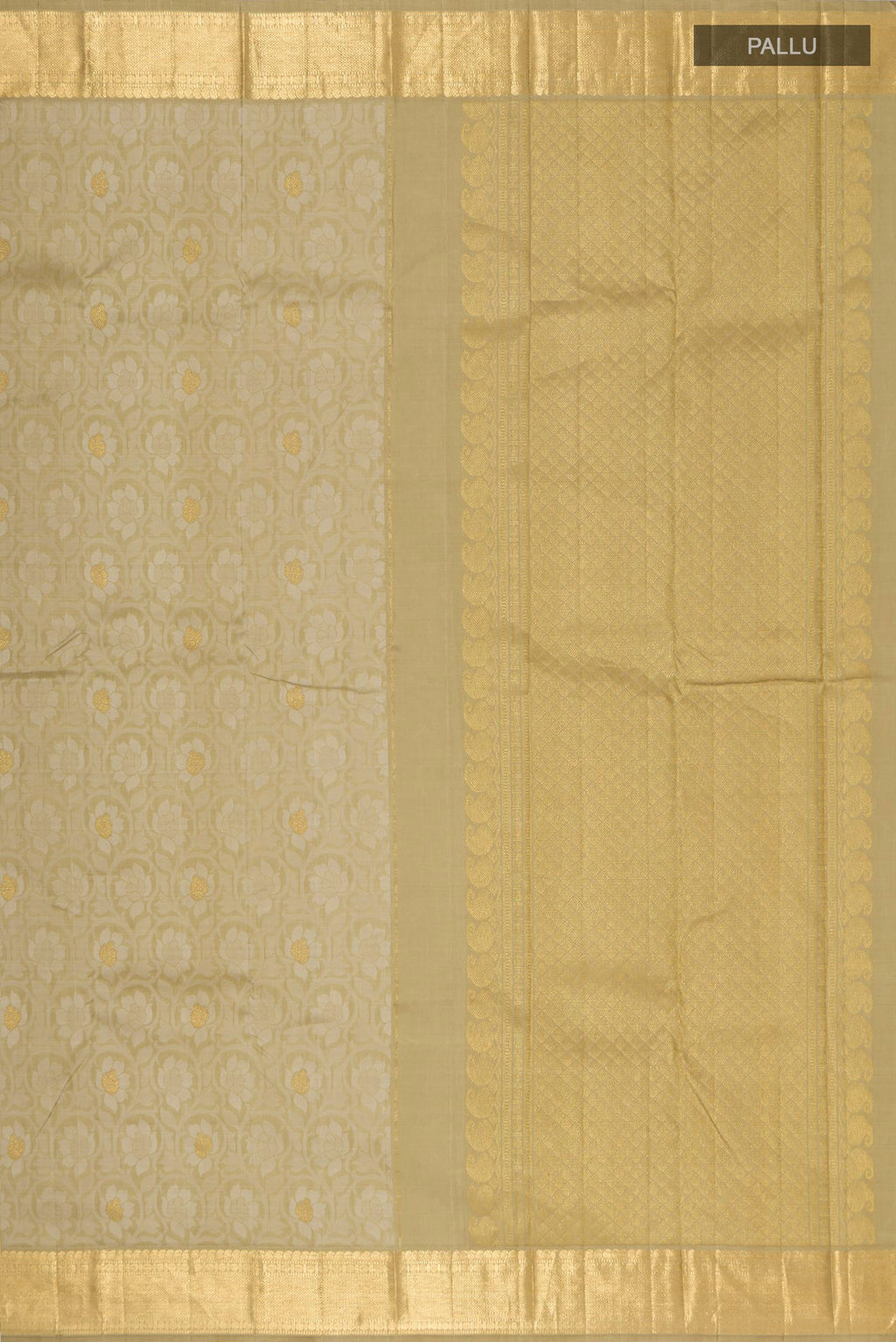 Close up image of the pallu of Pure Silk Pure Zari Green Kanjivaram Saree with Jacquard design on the body and Zari Border. 