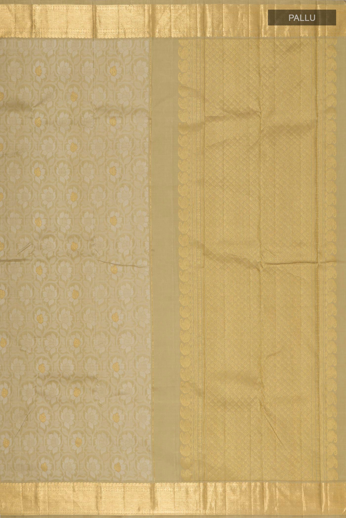 Close up image of the pallu of Pure Silk Pure Zari Green Kanjivaram Saree with Jacquard design on the body and Zari Border. 