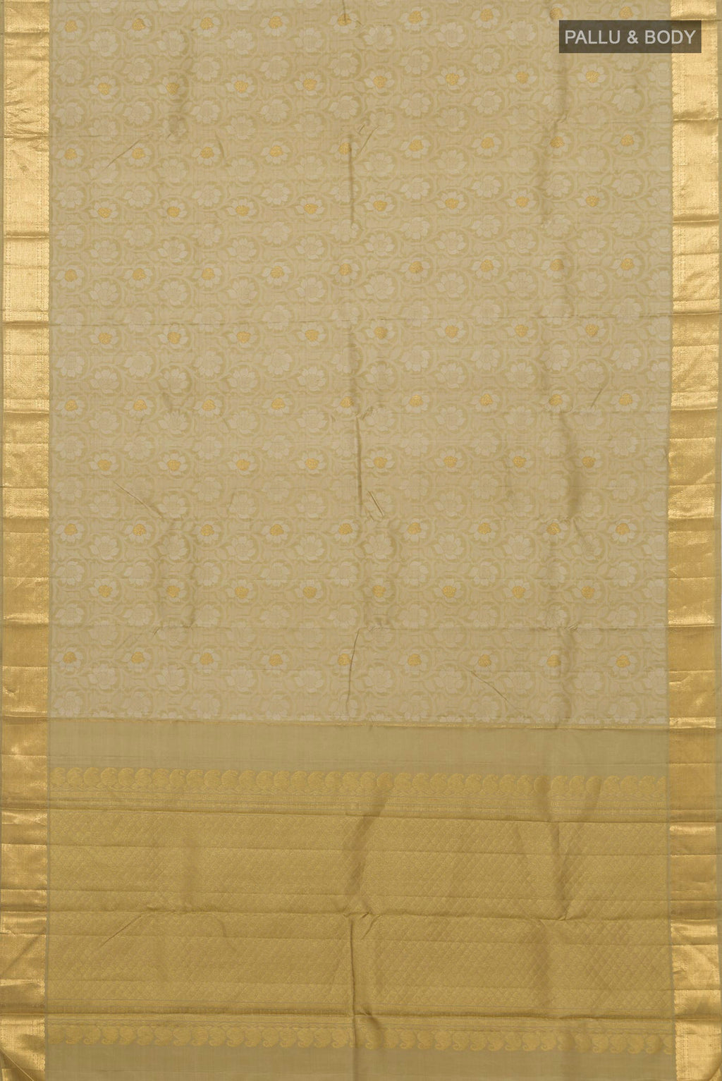 Flat view of Pure Silk Pure Zari Green Kanjivaram Saree with Jacquard design on the body and Zari Border. 
