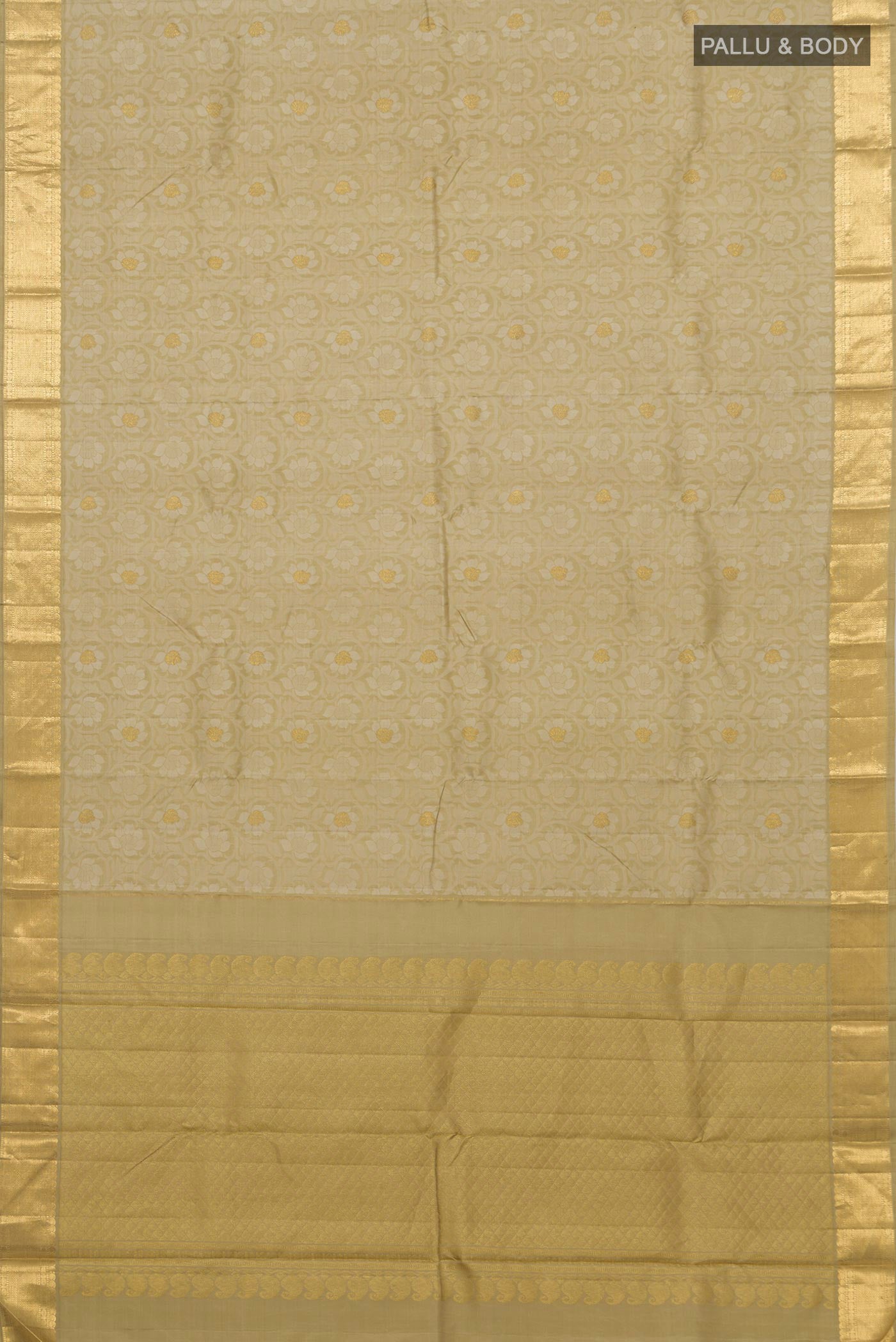 Flat view of Pure Silk Pure Zari Green Kanjivaram Saree with Jacquard design on the body and Zari Border. 