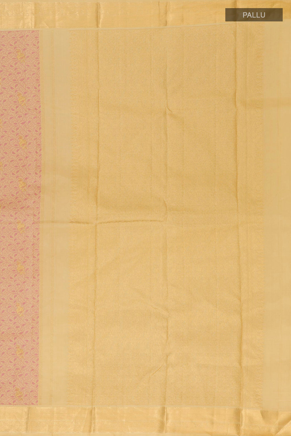 Close up image of the pallu of Pure Silk Pure Zari Beige Kanjivaram Saree with Jacquard With Zari Butta on the body and Zari Border. 