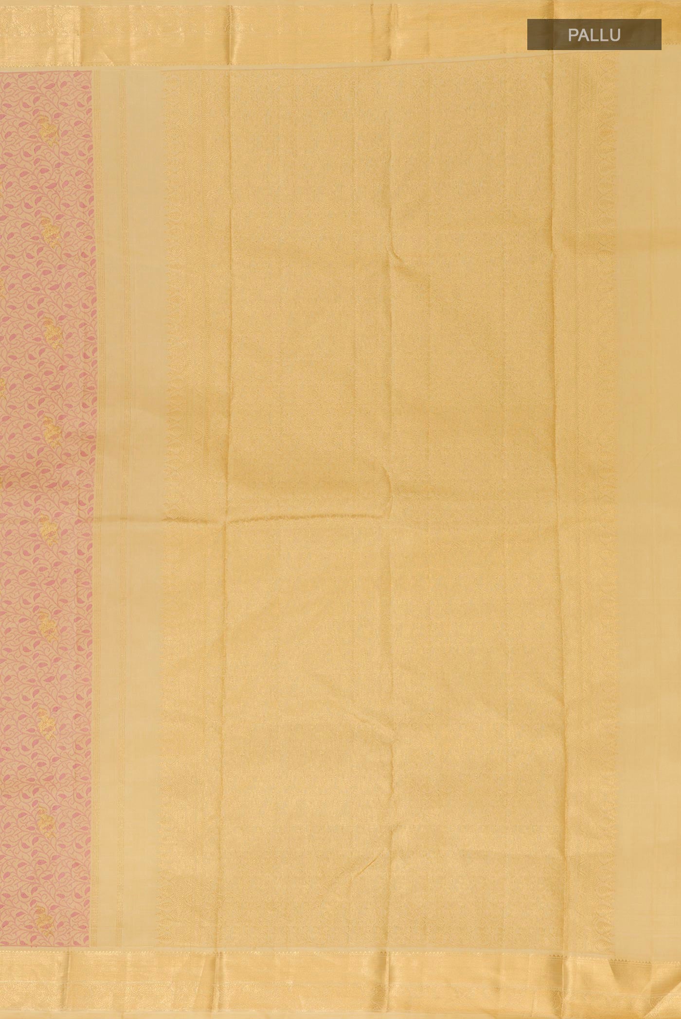 Close up image of the pallu of Pure Silk Pure Zari Beige Kanjivaram Saree with Jacquard With Zari Butta on the body and Zari Border. 