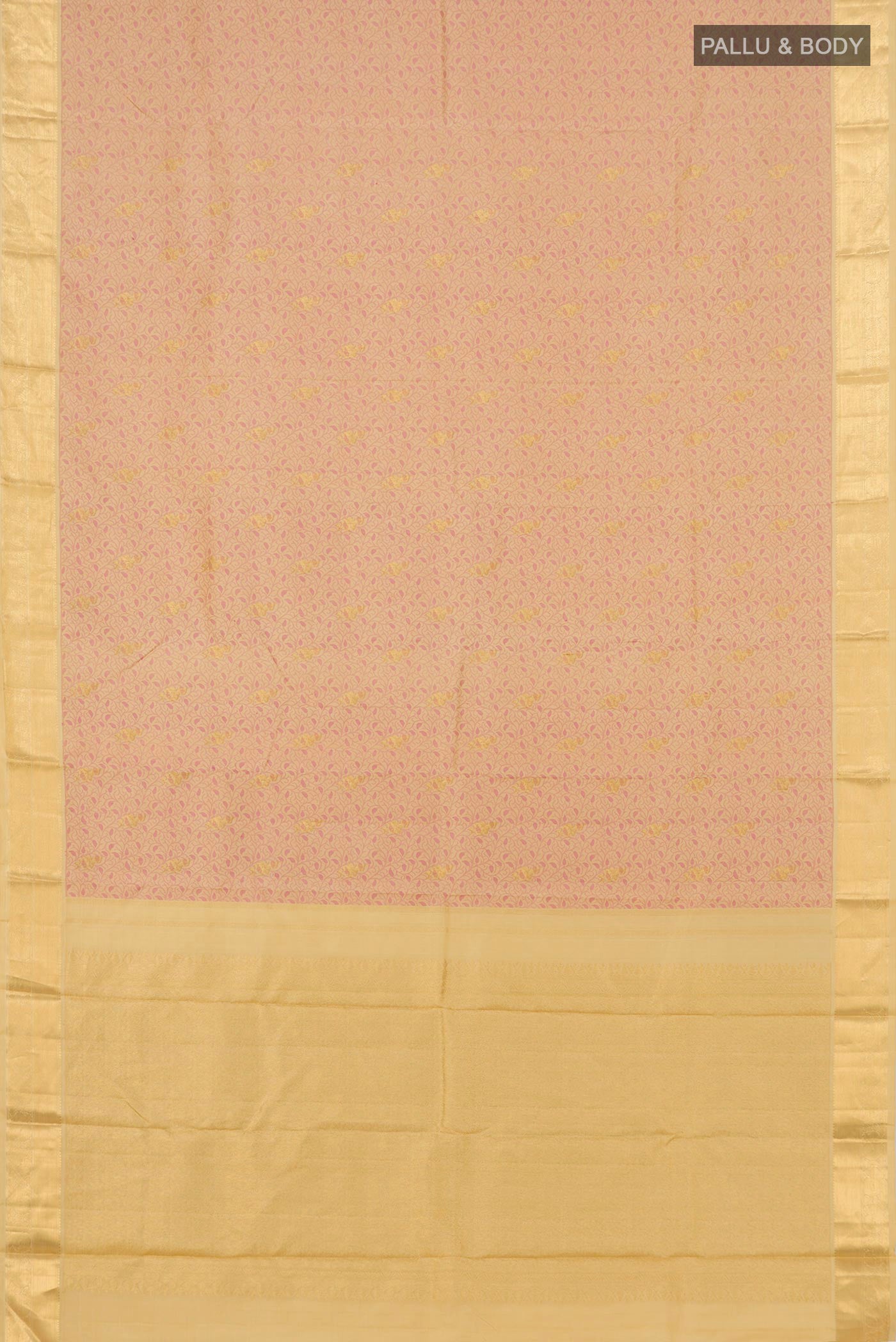 Flat view of Pure Silk Pure Zari Beige Kanjivaram Saree with Jacquard With Zari Butta on the body and Zari Border. 