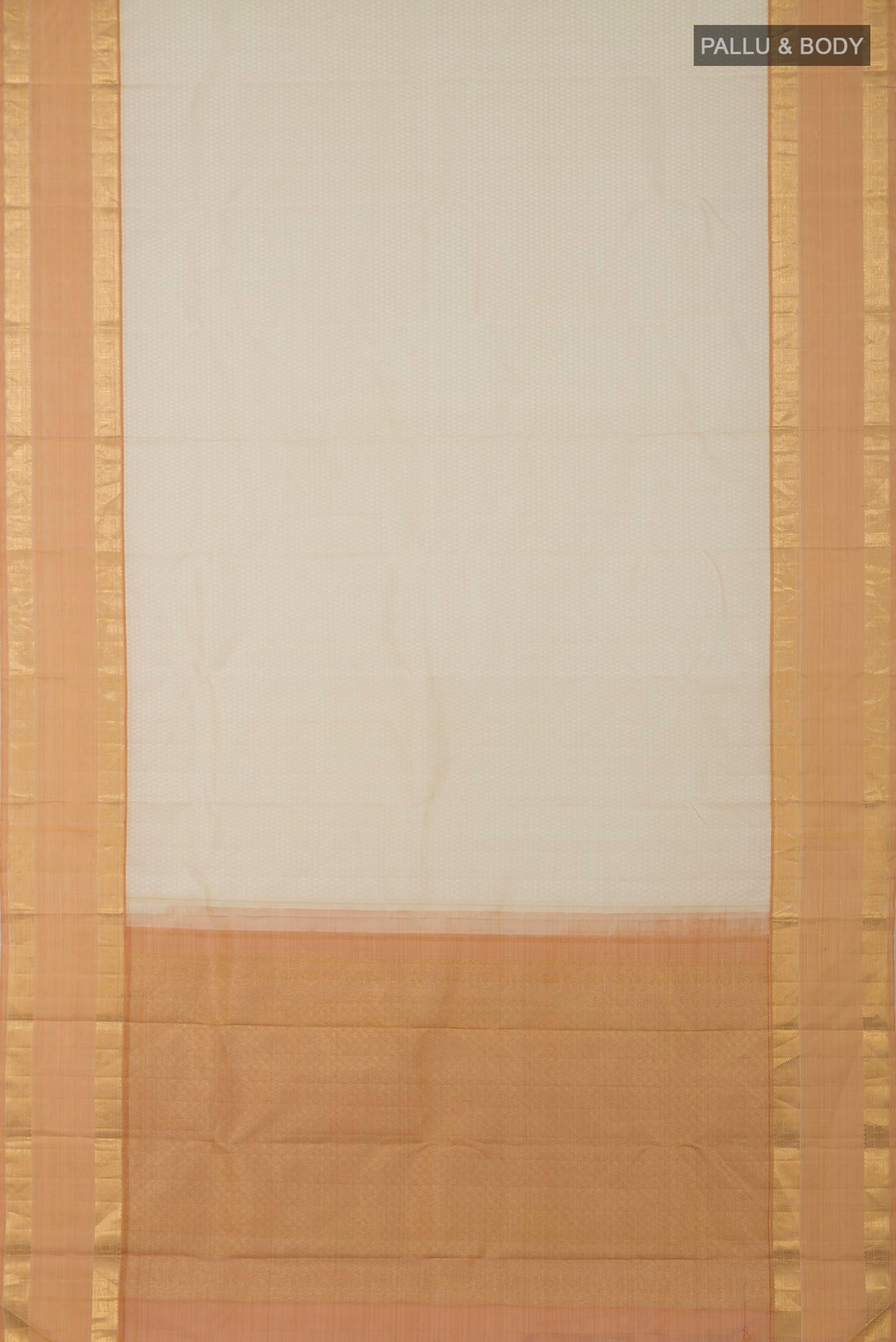 Flat view of Cream Kanjivaram Saree with Jacquard design on the body and Zari Border. 