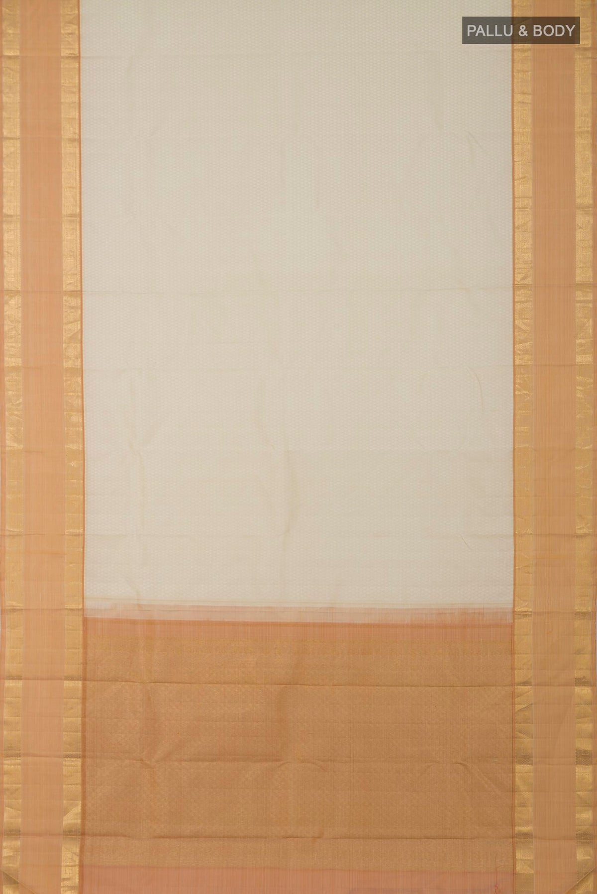 Flat view of Cream Kanjivaram Saree with Jacquard design on the body and Zari Border. 