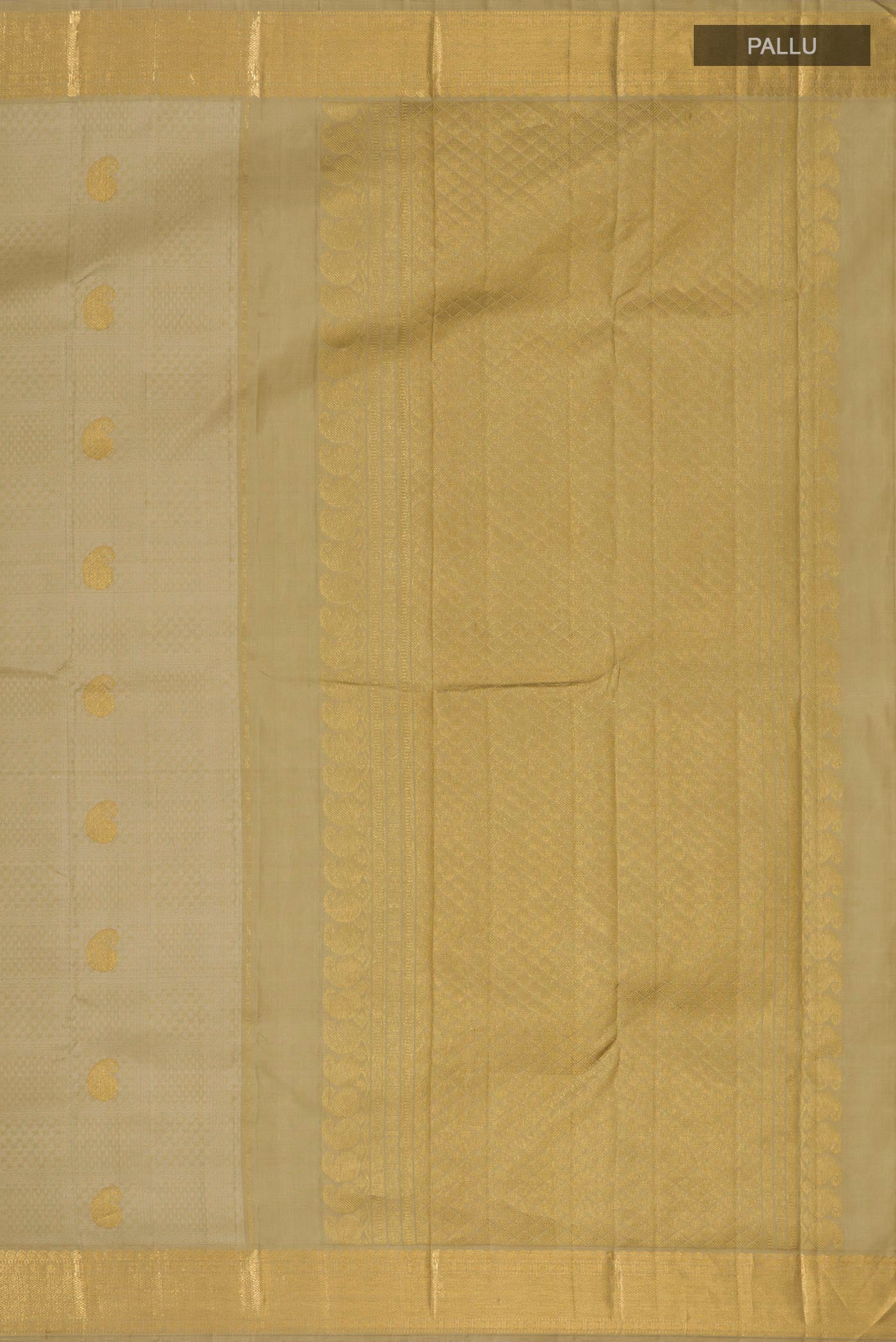 Close up image of the pallu of Pure Silk Pure Zari Green Kanjivaram Saree with Jacquard With Zari Butta on the body and Zari Border. 