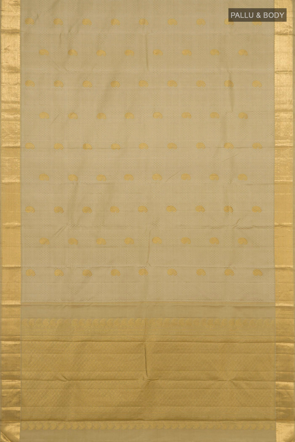 Flat view of Pure Silk Pure Zari Green Kanjivaram Saree with Jacquard With Zari Butta on the body and Zari Border. 