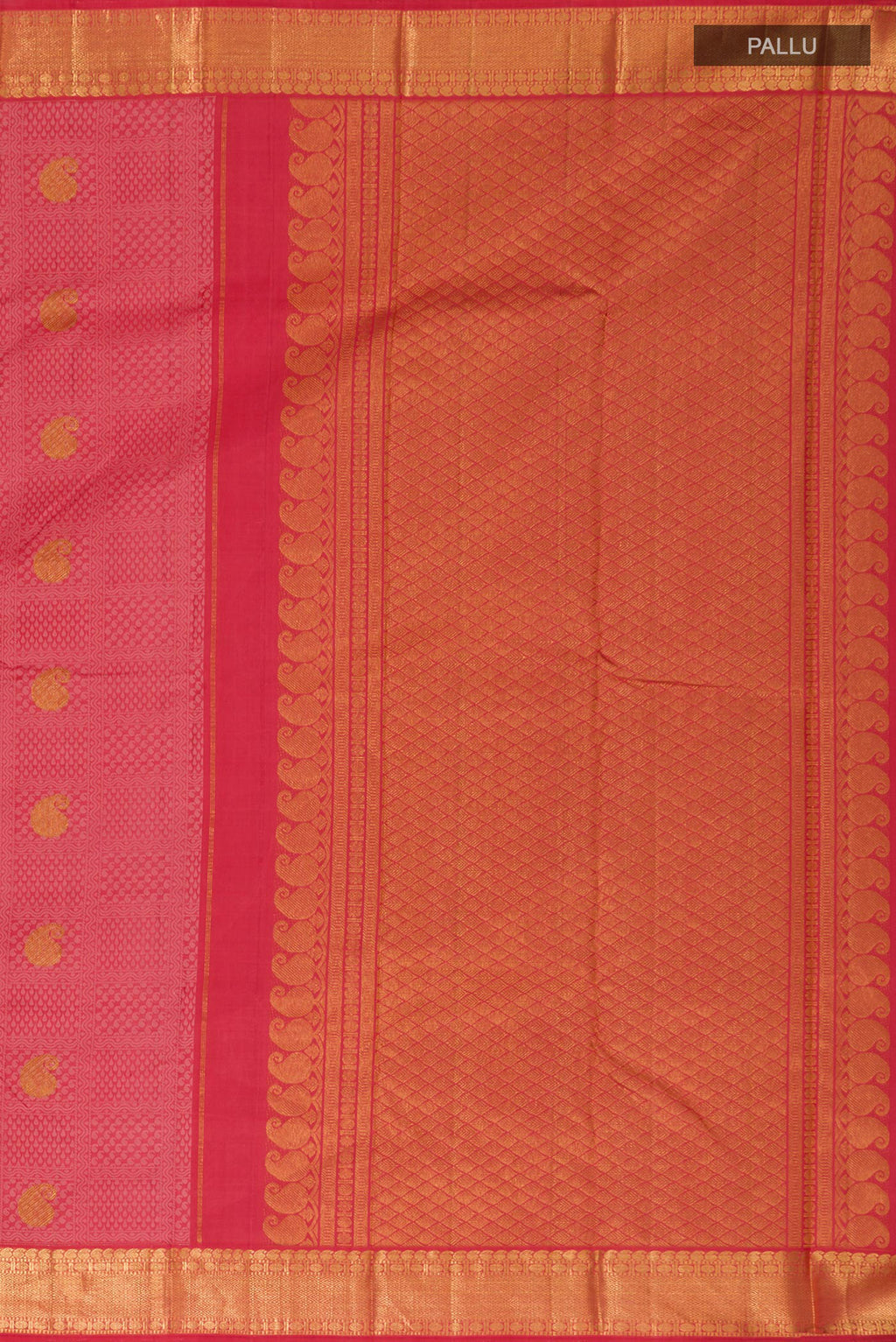 Close up image of the pallu of Pure Silk Pure Zari Pink Kanjivaram Saree with Jacquard With Zari Butta on the body and Zari Border. 