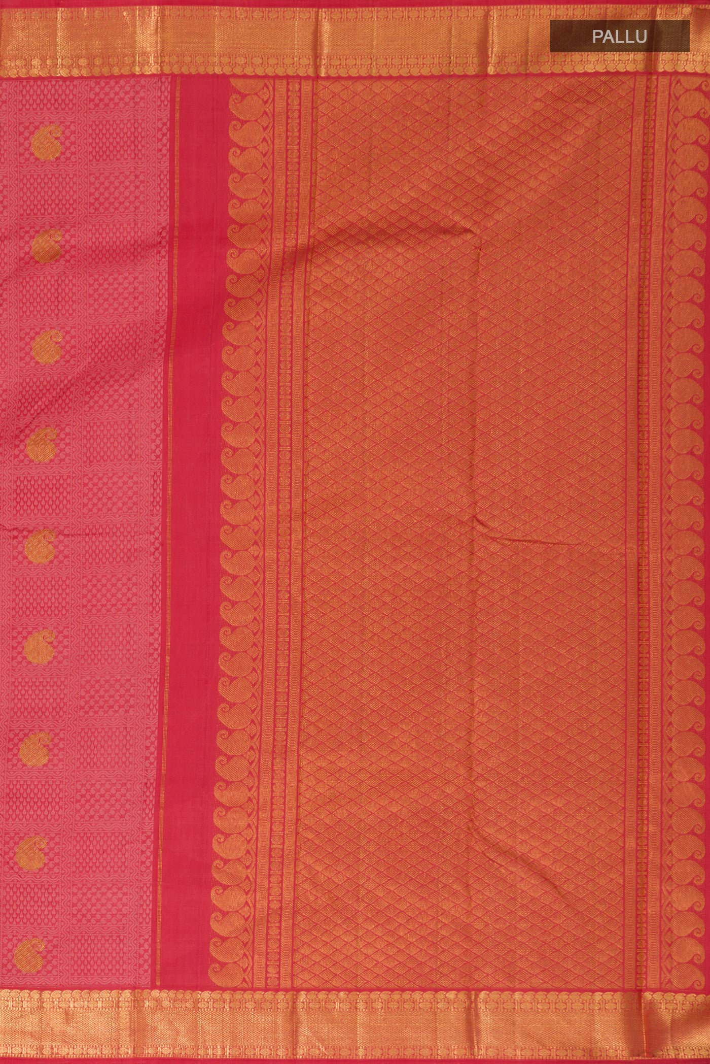 Close up image of the pallu of Pure Silk Pure Zari Pink Kanjivaram Saree with Jacquard With Zari Butta on the body and Zari Border. 