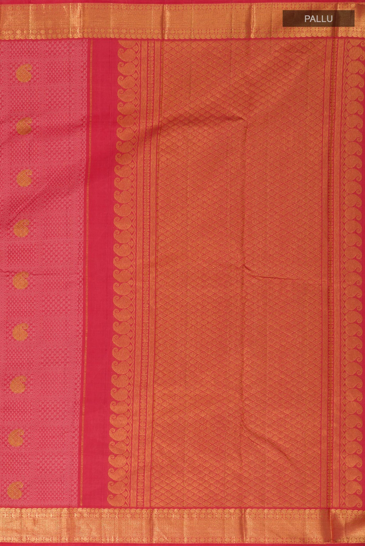 Close up image of the pallu of Pure Silk Pure Zari Pink Kanjivaram Saree with Jacquard With Zari Butta on the body and Zari Border. 