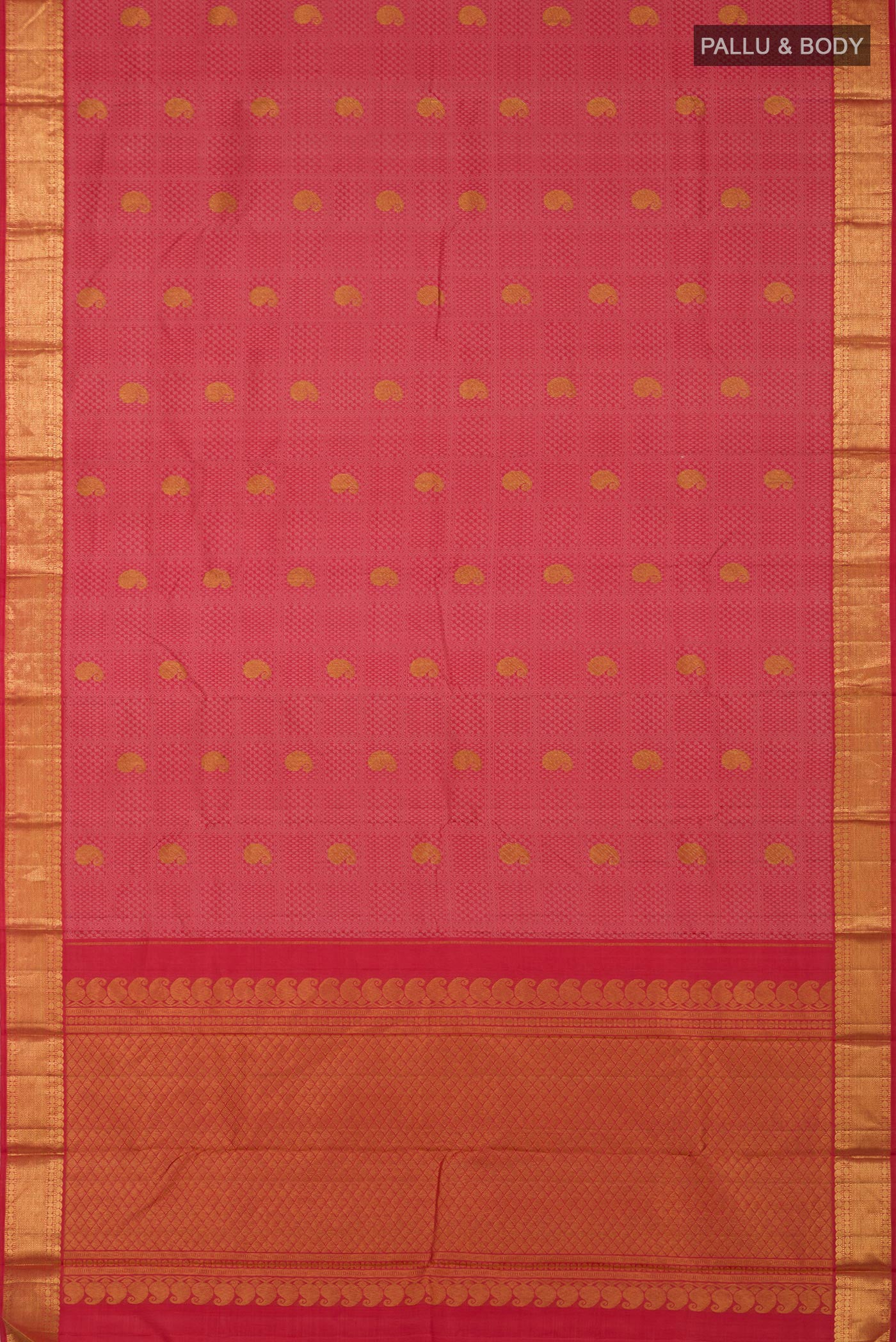 Flat view of Pure Silk Pure Zari Pink Kanjivaram Saree with Jacquard With Zari Butta on the body and Zari Border. 