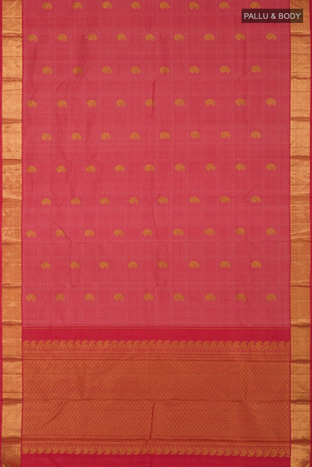 Flat view of Pure Silk Pure Zari Pink Kanjivaram Saree with Jacquard With Zari Butta on the body and Zari Border. 