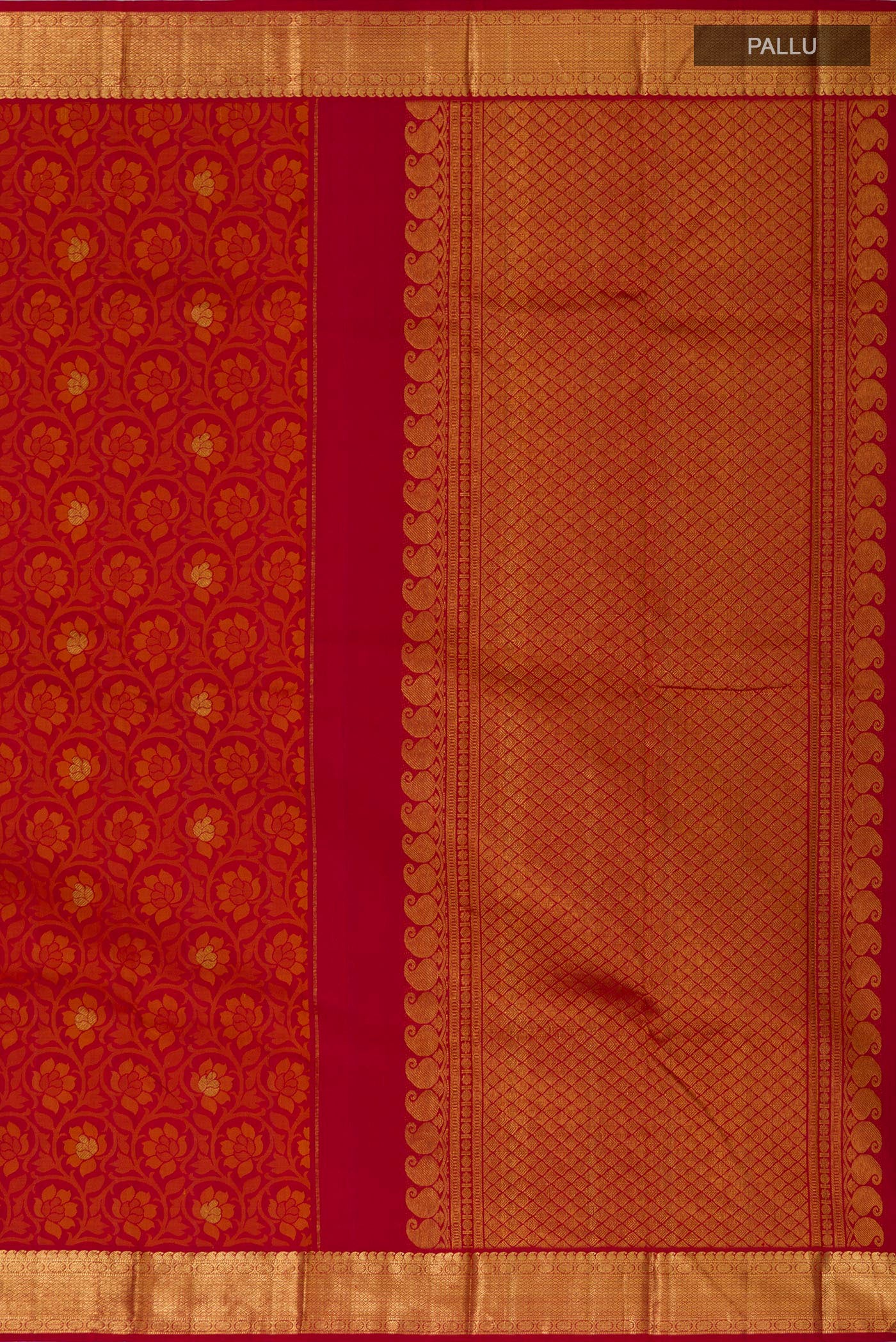 Close up image of the pallu of Maroon Kanjivaram Silk Saree with Jacquard With Zari Butta on the body and Zari Border. 