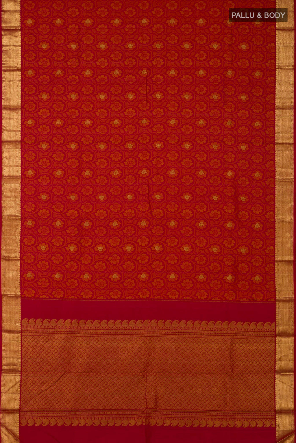 Flat view of Maroon Kanjivaram Silk Saree with Jacquard With Zari Butta on the body and Zari Border. 