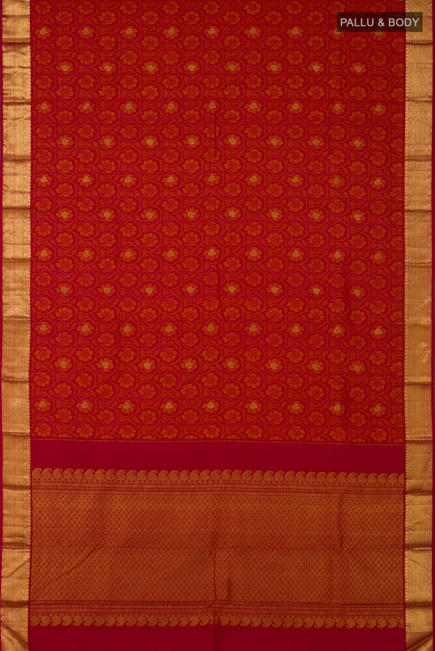 Flat view of Maroon Kanjivaram Silk Saree with Jacquard With Zari Butta on the body and Zari Border. 
