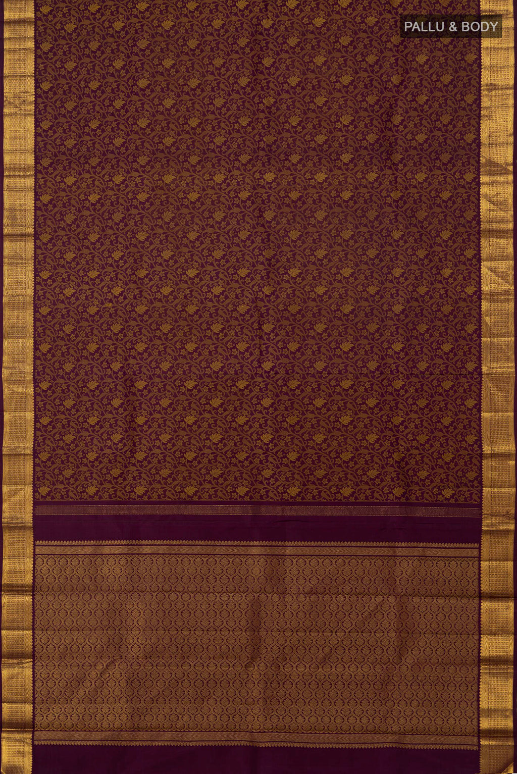 Flat view of Pure Silk Pure Zari Purple Kanjivaram Saree with Jacquard design on the body and Zari Border. 