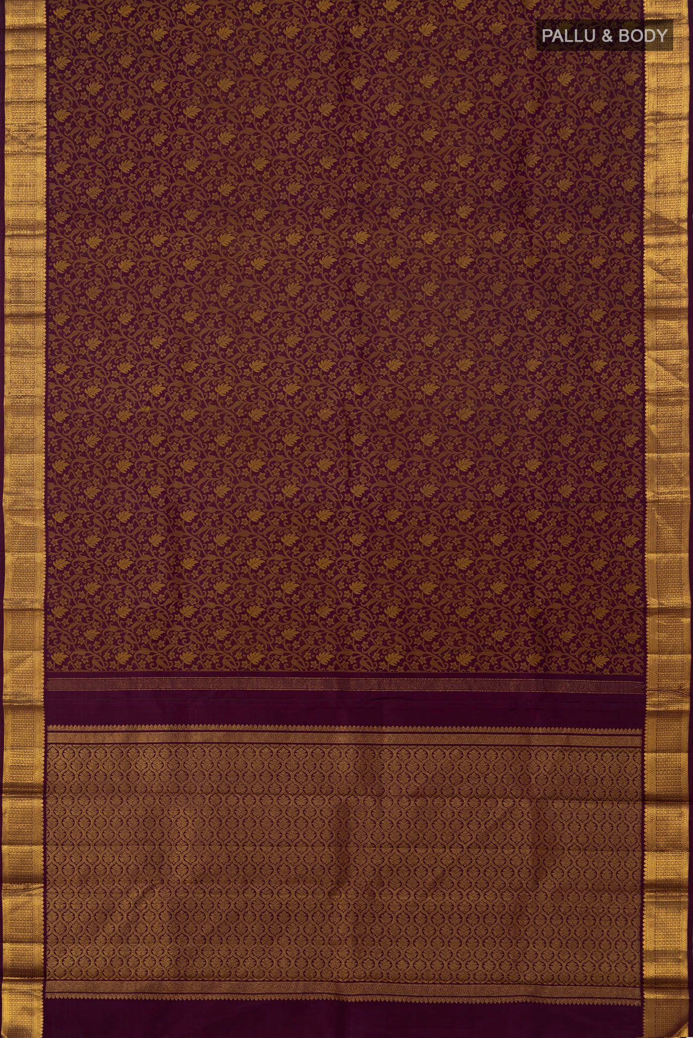 Flat view of Pure Silk Pure Zari Purple Kanjivaram Saree with Jacquard design on the body and Zari Border. 