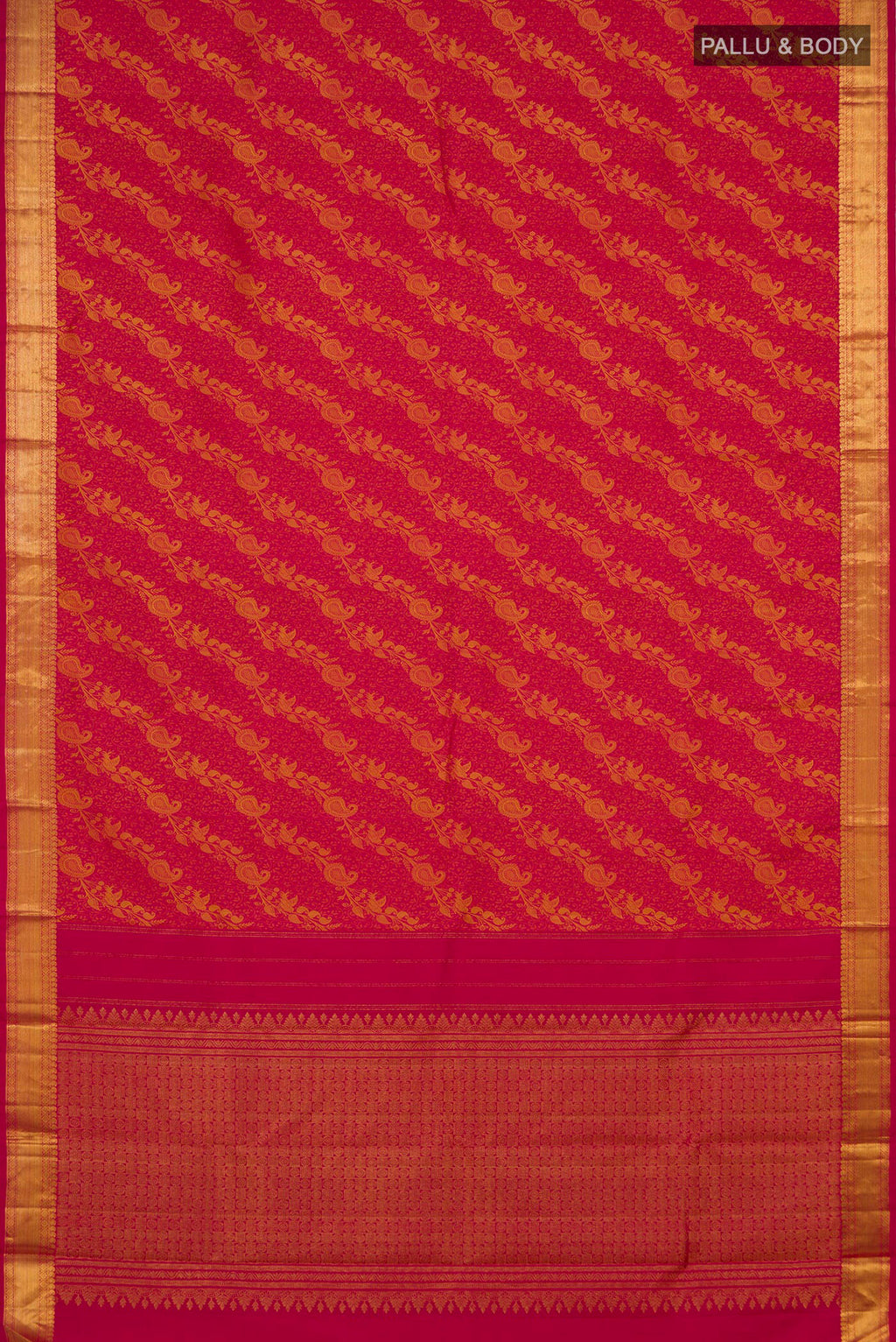 Flat view of Pink Kanjivaram Silk Saree with Jacquard design on the body and Zari Border. 