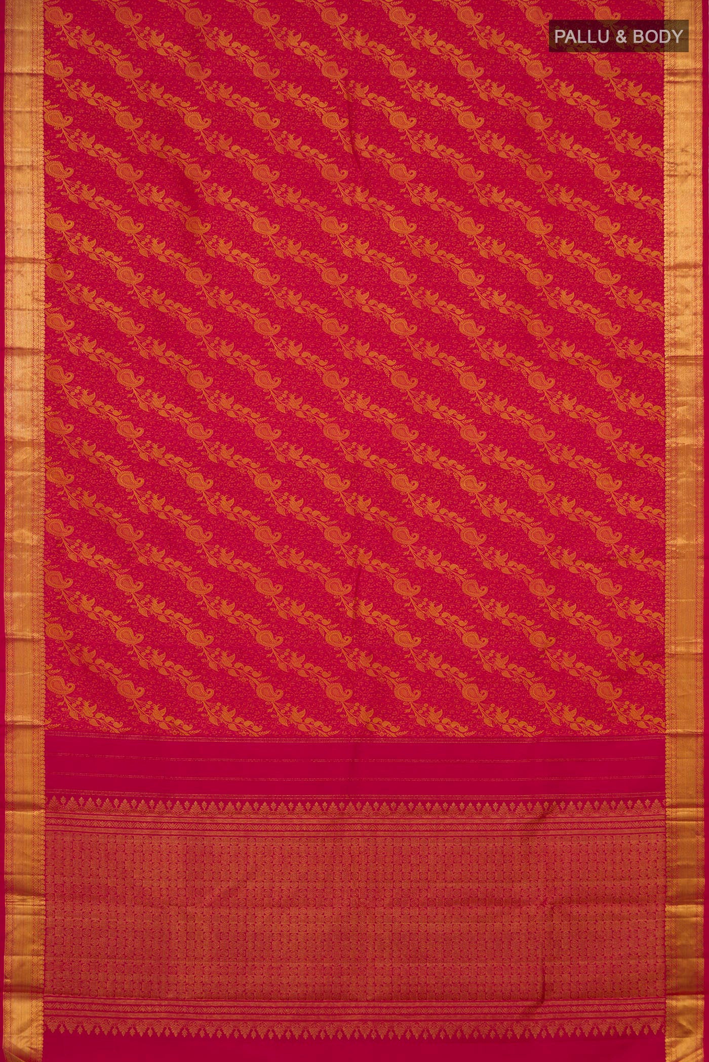 Flat view of Pink Kanjivaram Silk Saree with Jacquard design on the body and Zari Border. 