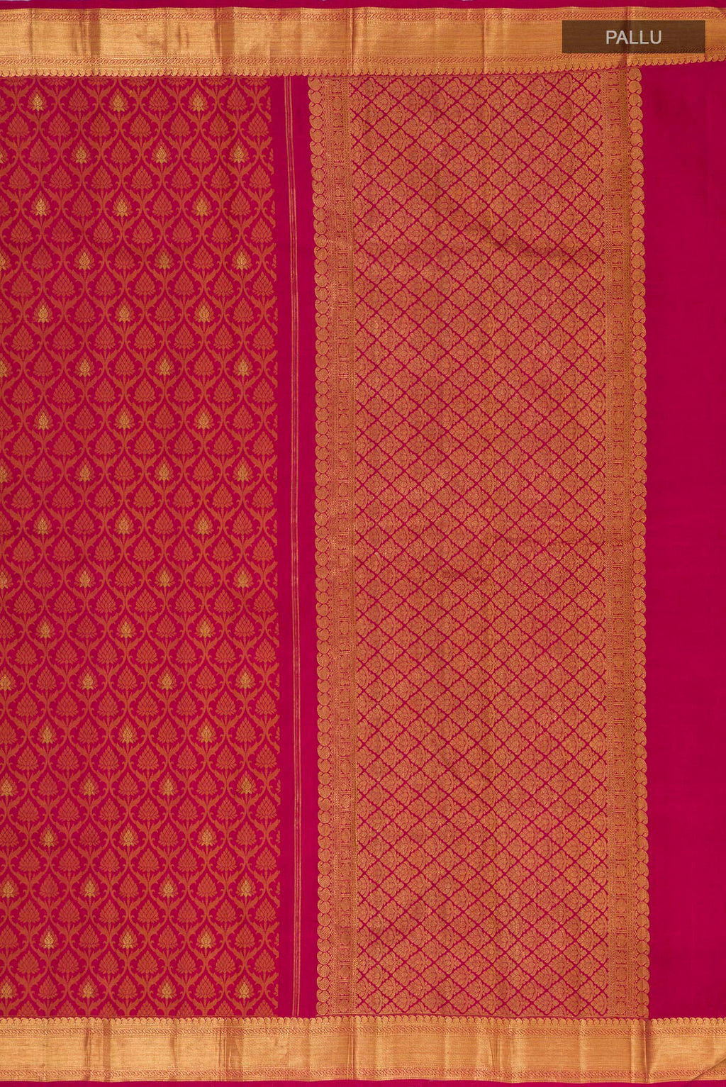 Close up image of the pallu of Maroon Kanjivaram Silk Saree with Jacquard With Zari Butta on the body and Zari Border. 