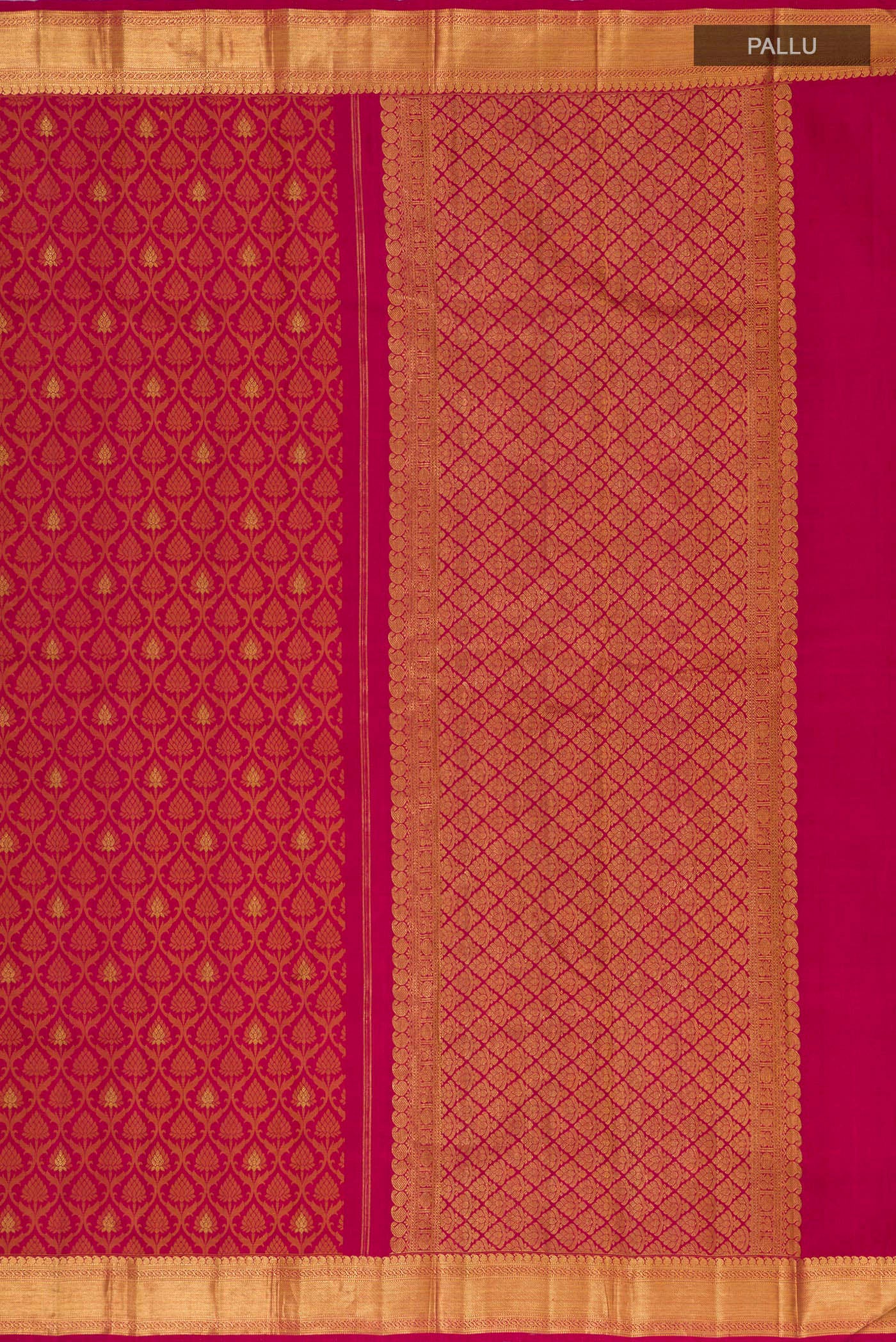 Close up image of the pallu of Maroon Kanjivaram Silk Saree with Jacquard With Zari Butta on the body and Zari Border. 