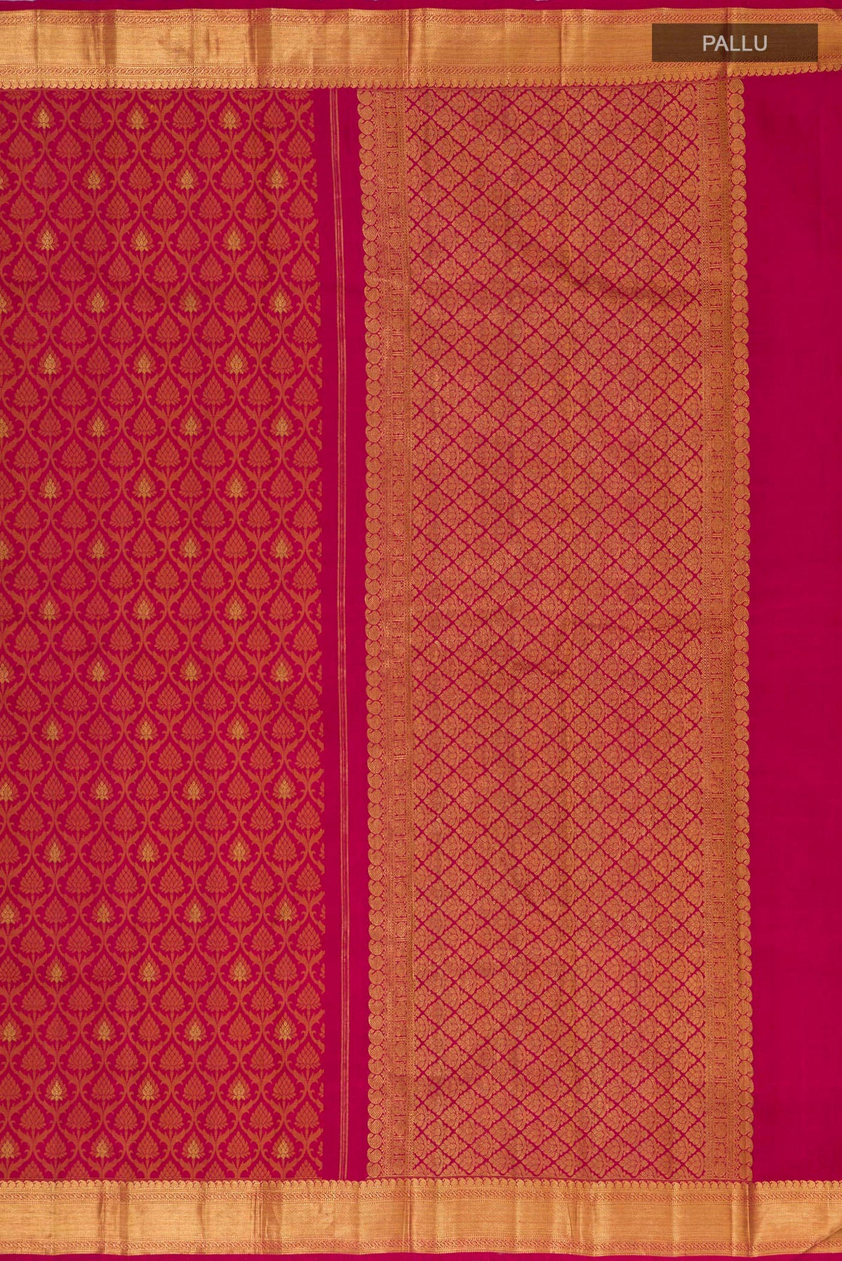 Close up image of the pallu of Maroon Kanjivaram Silk Saree with Jacquard With Zari Butta on the body and Zari Border. 