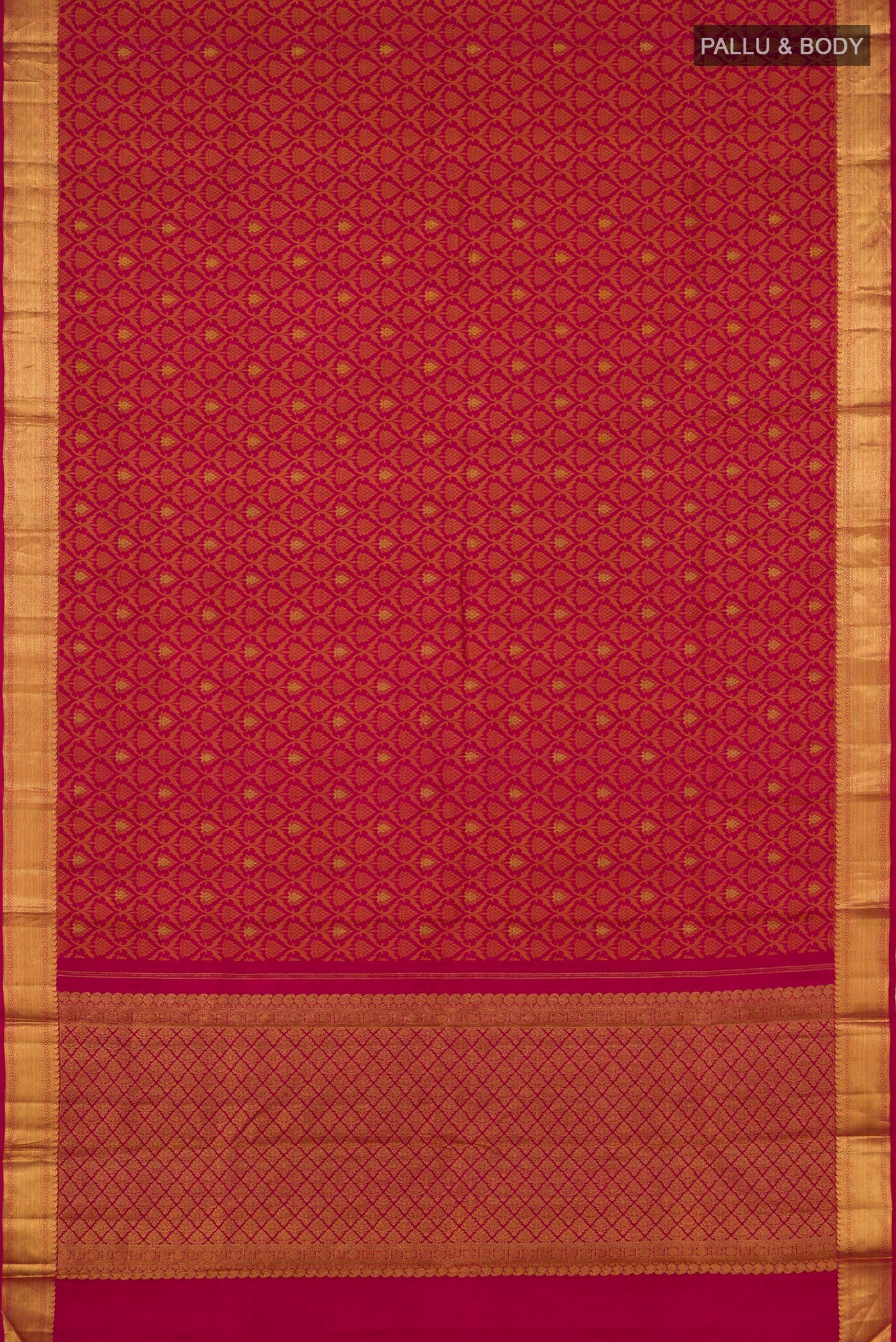 Flat view of Maroon Kanjivaram Silk Saree with Jacquard With Zari Butta on the body and Zari Border. 