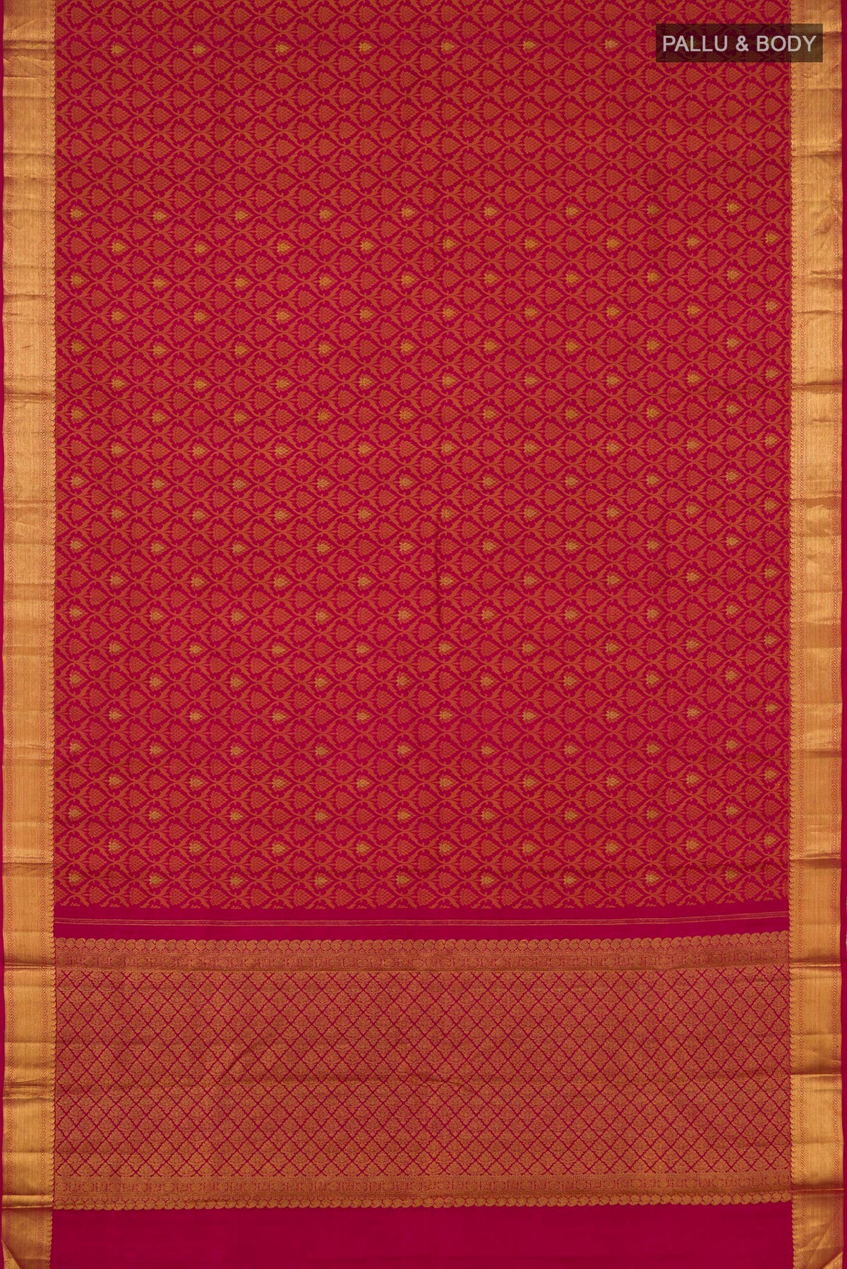 Flat view of Maroon Kanjivaram Silk Saree with Jacquard With Zari Butta on the body and Zari Border. 
