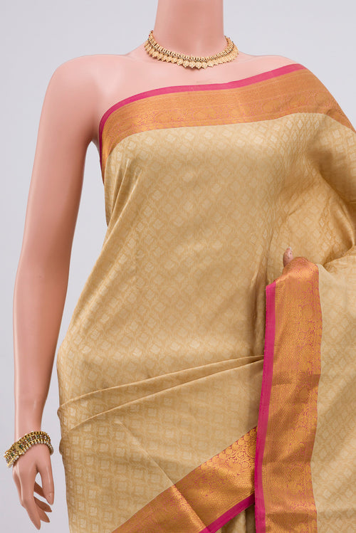Border image of Cream Kanjivaram Silk Saree with Jacquard design on the body and Zari Border. 