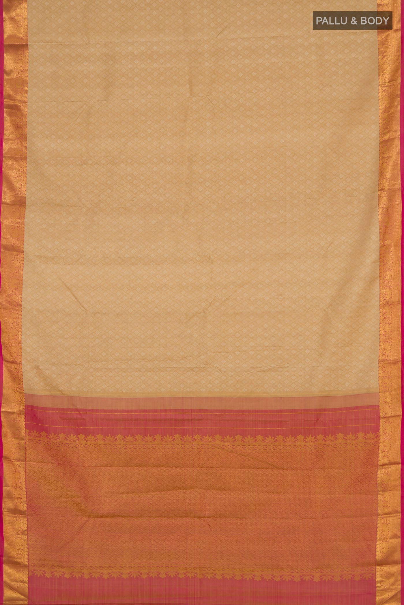 Flat view of Cream Kanjivaram Silk Saree with Jacquard design on the body and Zari Border. 