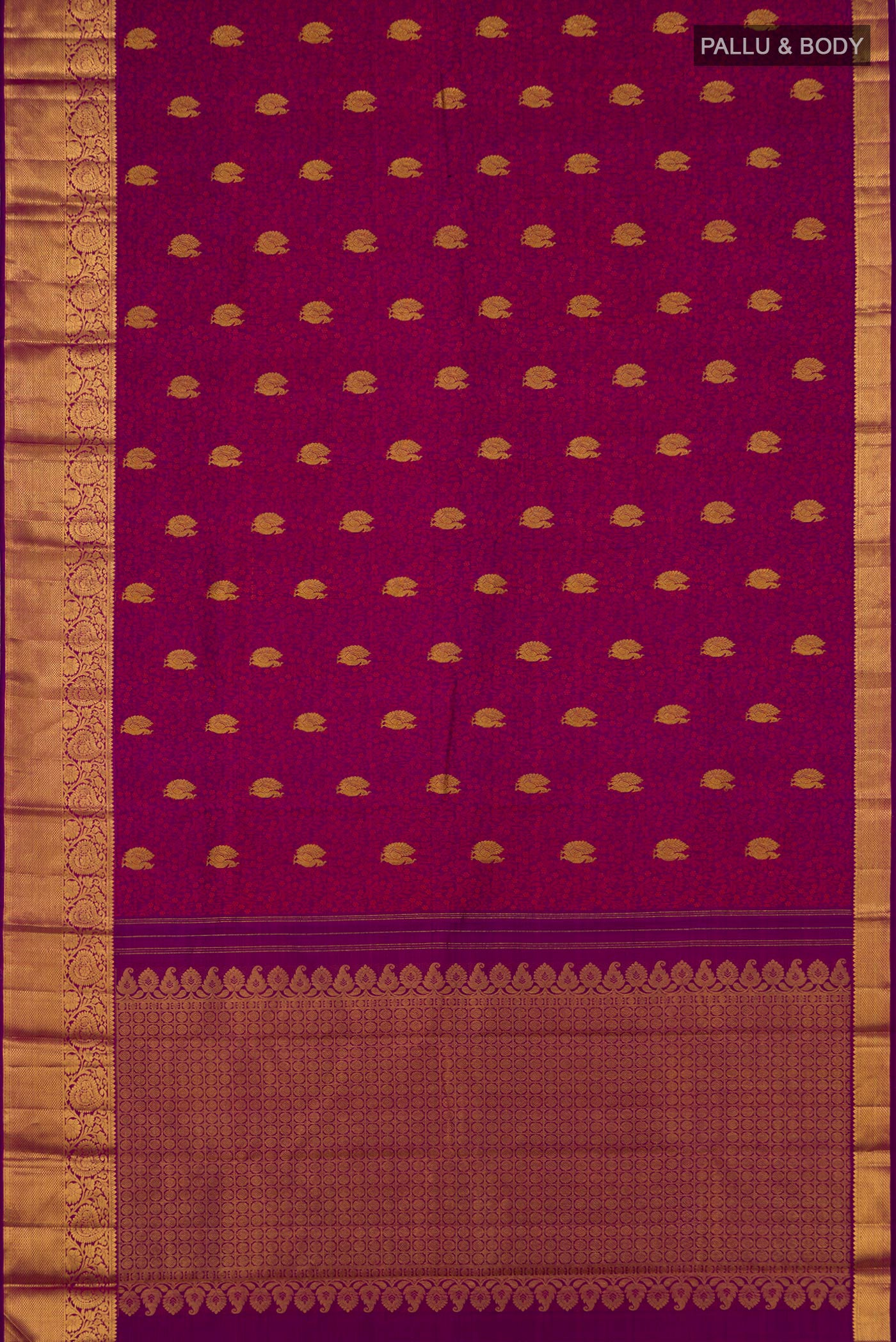 Flat view of Purple Kanjivaram Silk Saree with Jacquard With Zari Butta on the body and Zari Border. 