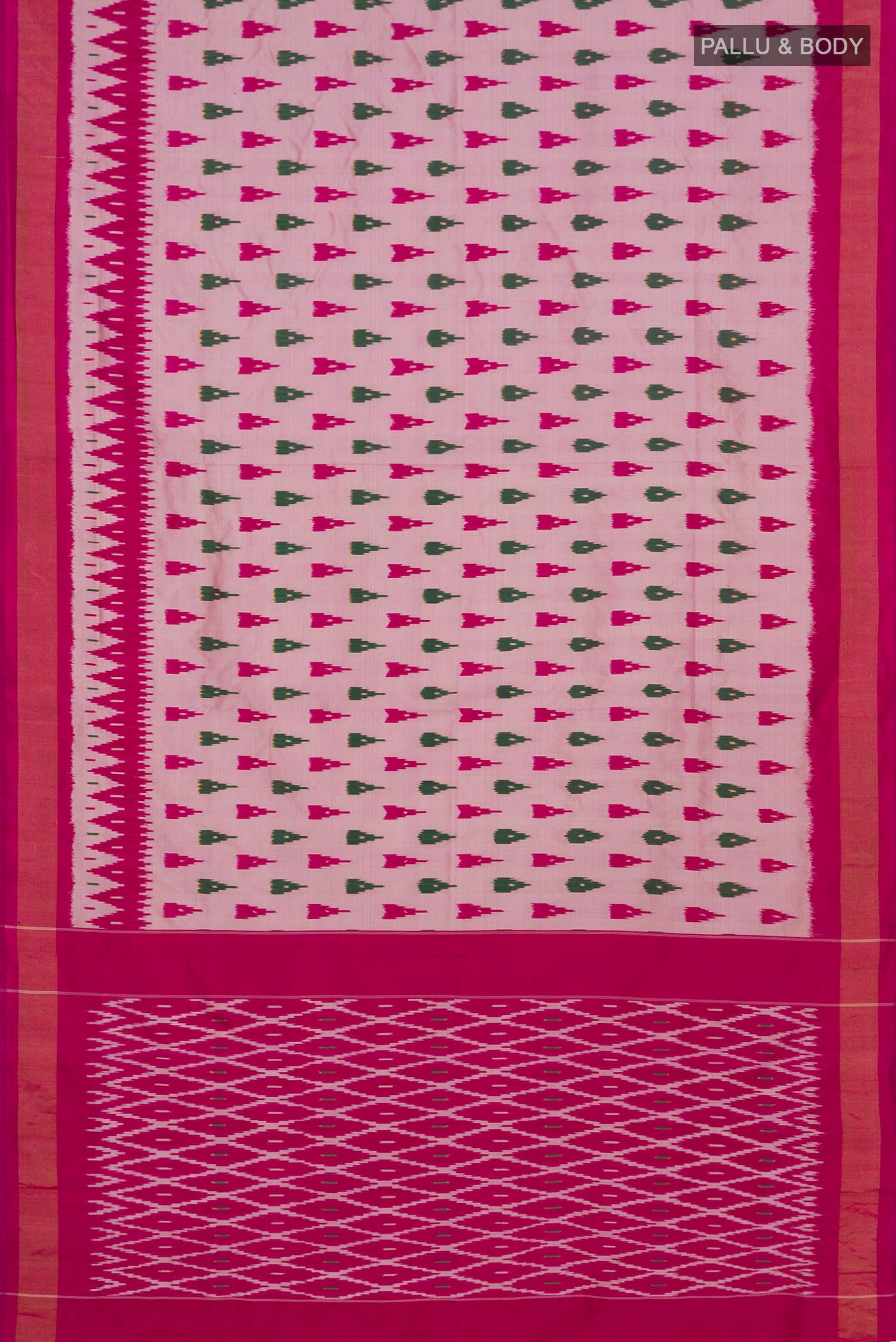 Flat view of Rose pink Pochampally Silk Saree with Ikat Print on the body and Zari Border. 